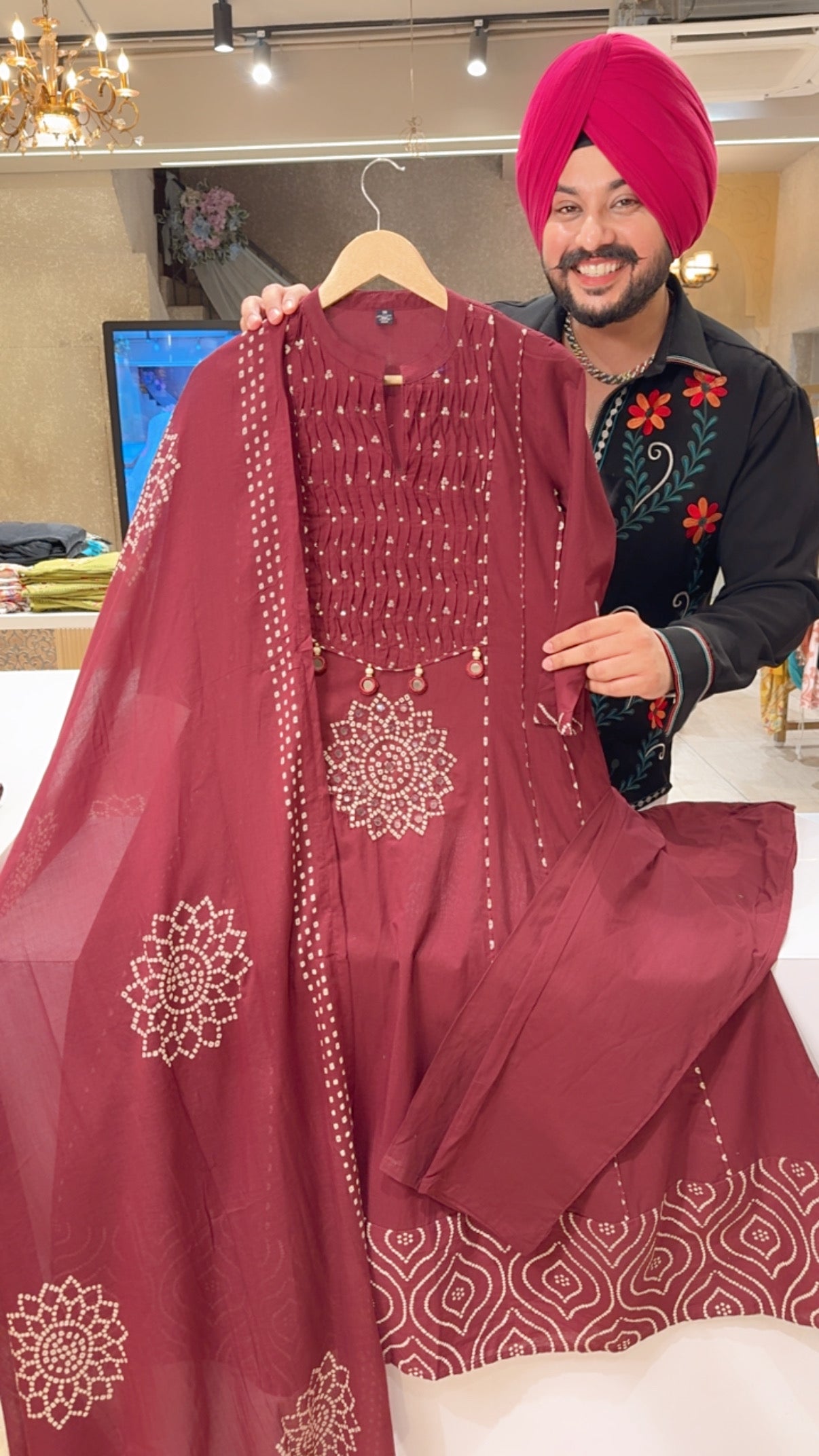 Maroon Pure Cotton Bandhej print Mirror Work Semi formal Anarkali suit