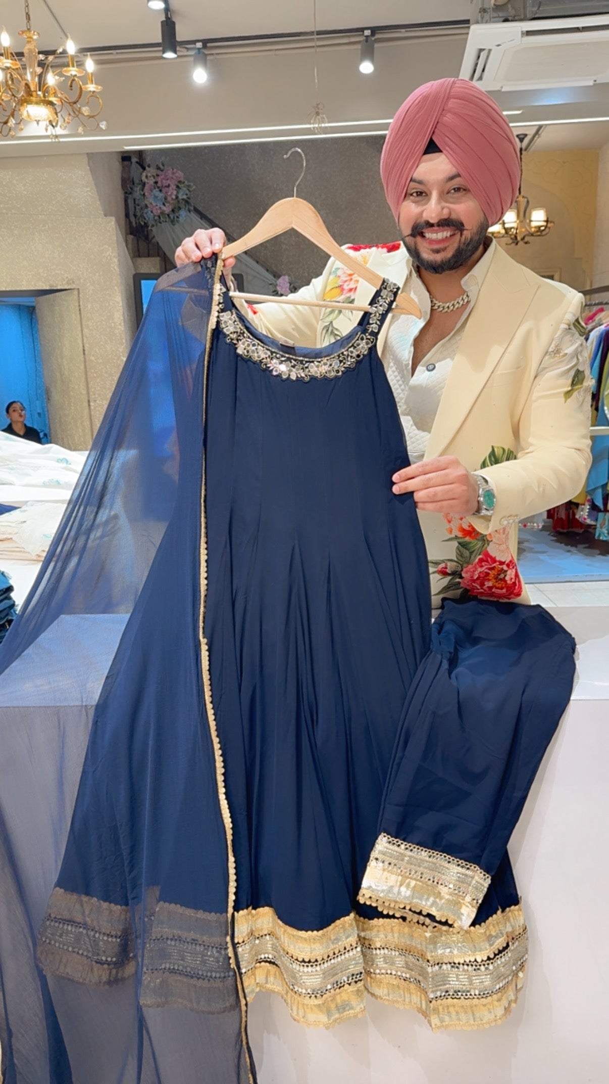 Navy Blue Georgette Strap Cut Sleeves Mirror Work Full Flair Anarkali suit with Heavy Embroidered Border