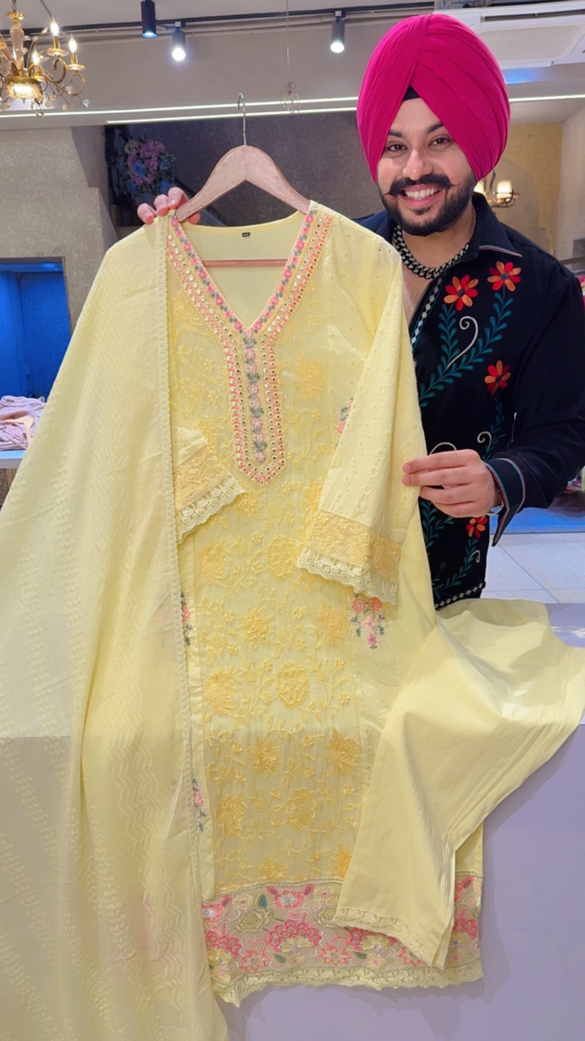 Lemon Yellow Cotton Beautiful Embroidered Semiformal Straight Suit with Self textured Duppata