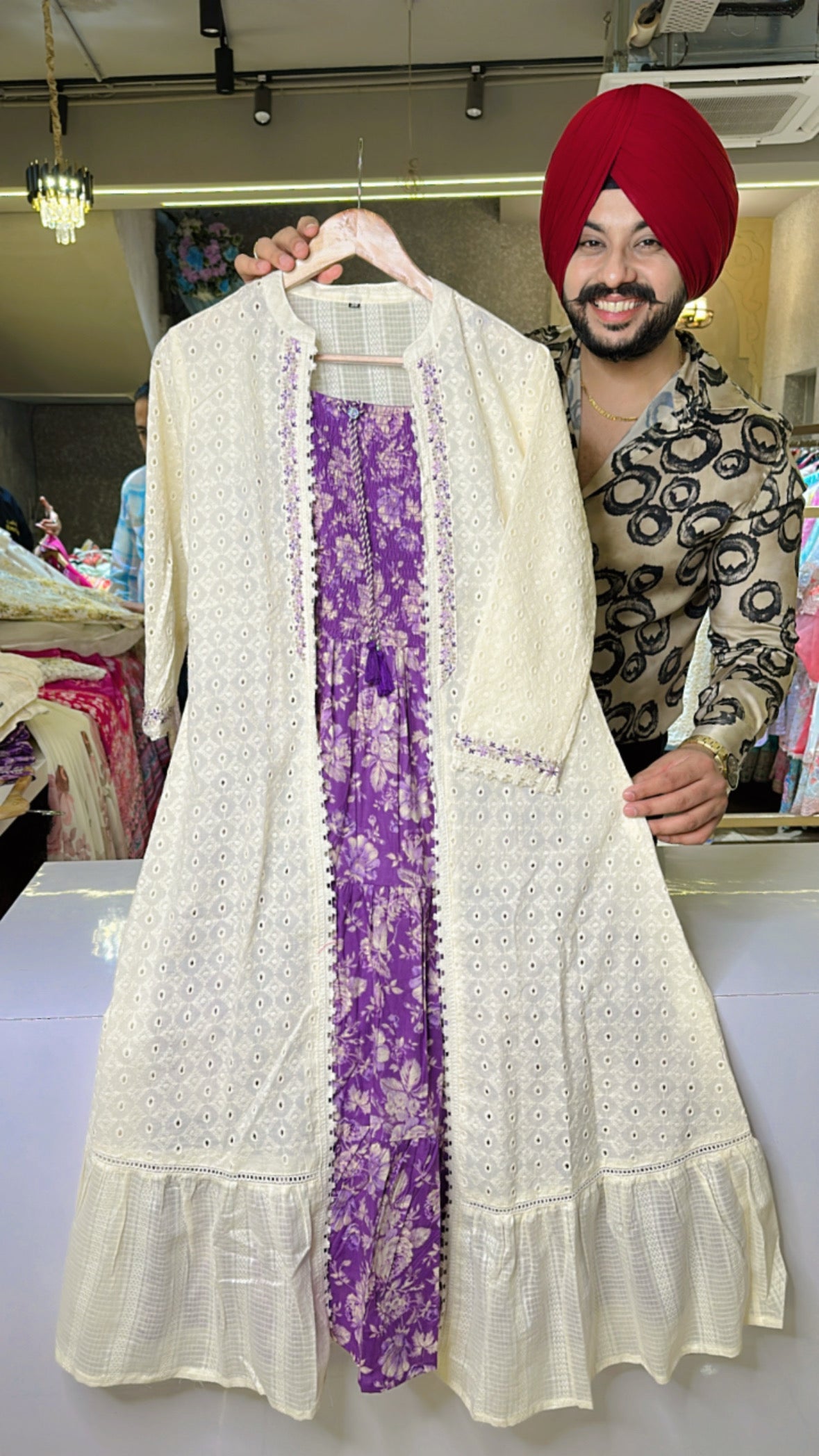 Purple Cotton Floral Print Indo western Dress with Off white Embroidered Shrug