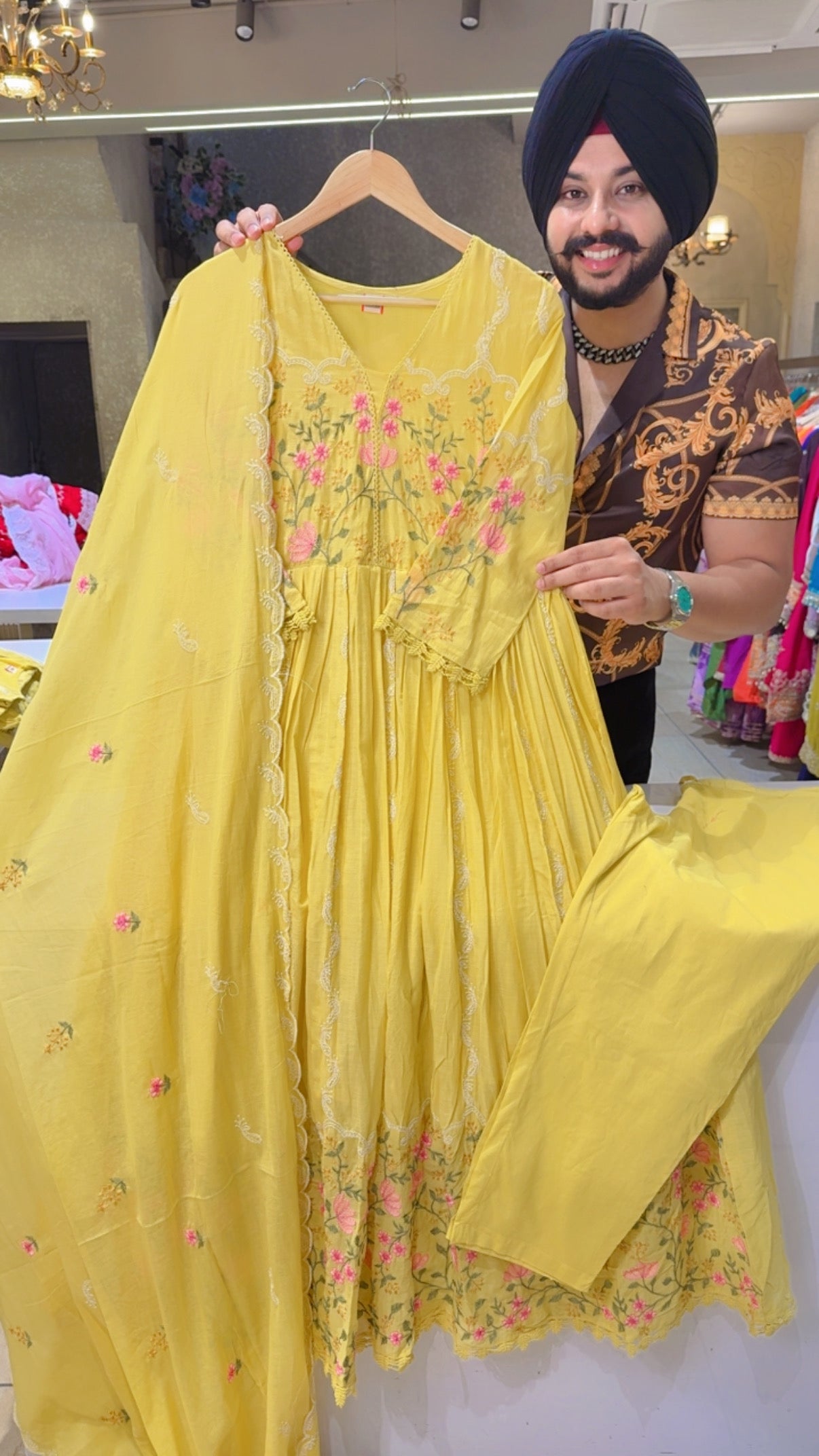 Yellow Fully Embroidered Full Flair Front Gathering Anarkali Suit with Mal Cotton Embroidered Duppata