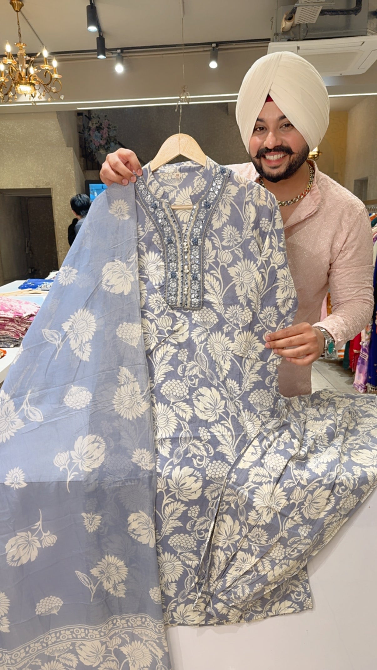 English Grey Pure Cotton Summerish Floral Print Pathani Suit with Sleek Embroidery Work on neck