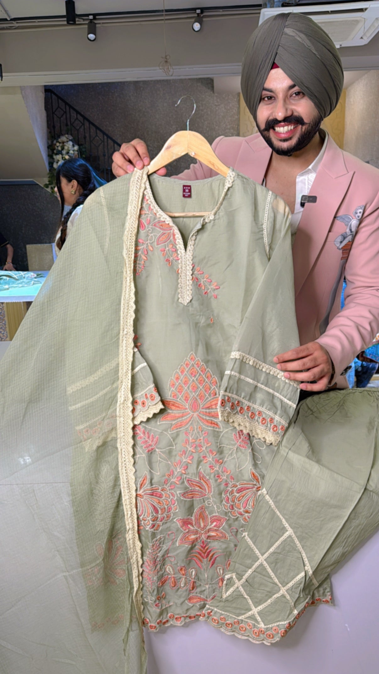 Olive Green Soft Organza Embroidered Indowestern suit with Designer Pants