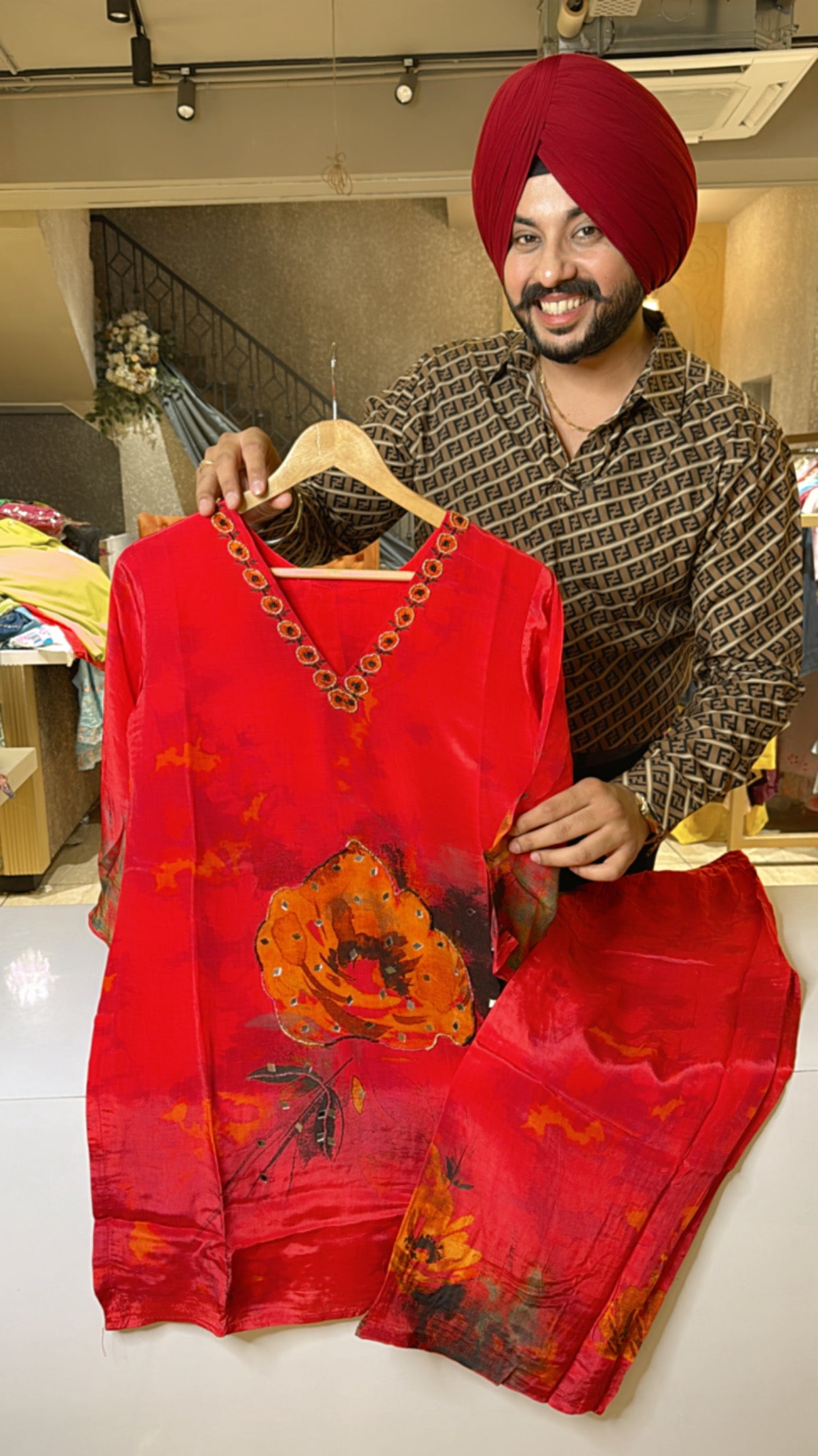 Red Party Wear Crepe Coord set with Hand embroidery work on it