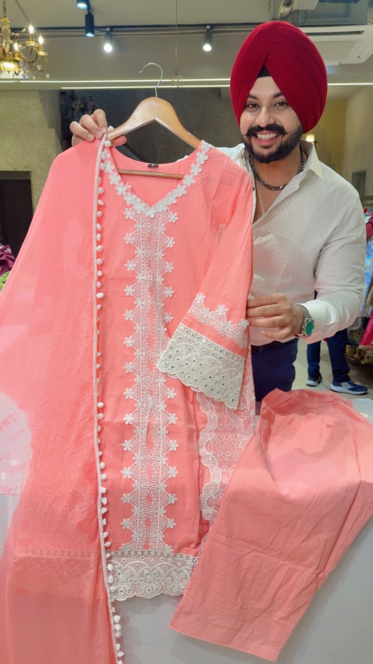 Peachish Pink Soft Cotton Crochet Work Farshi Salwar Kashmiri Suit with Pom Pom chiffon Duppata