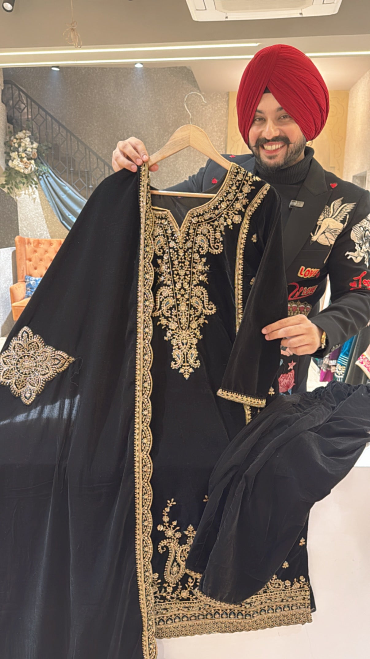 Black Heavy embroidered straight velvet suit with beautiful Duppata