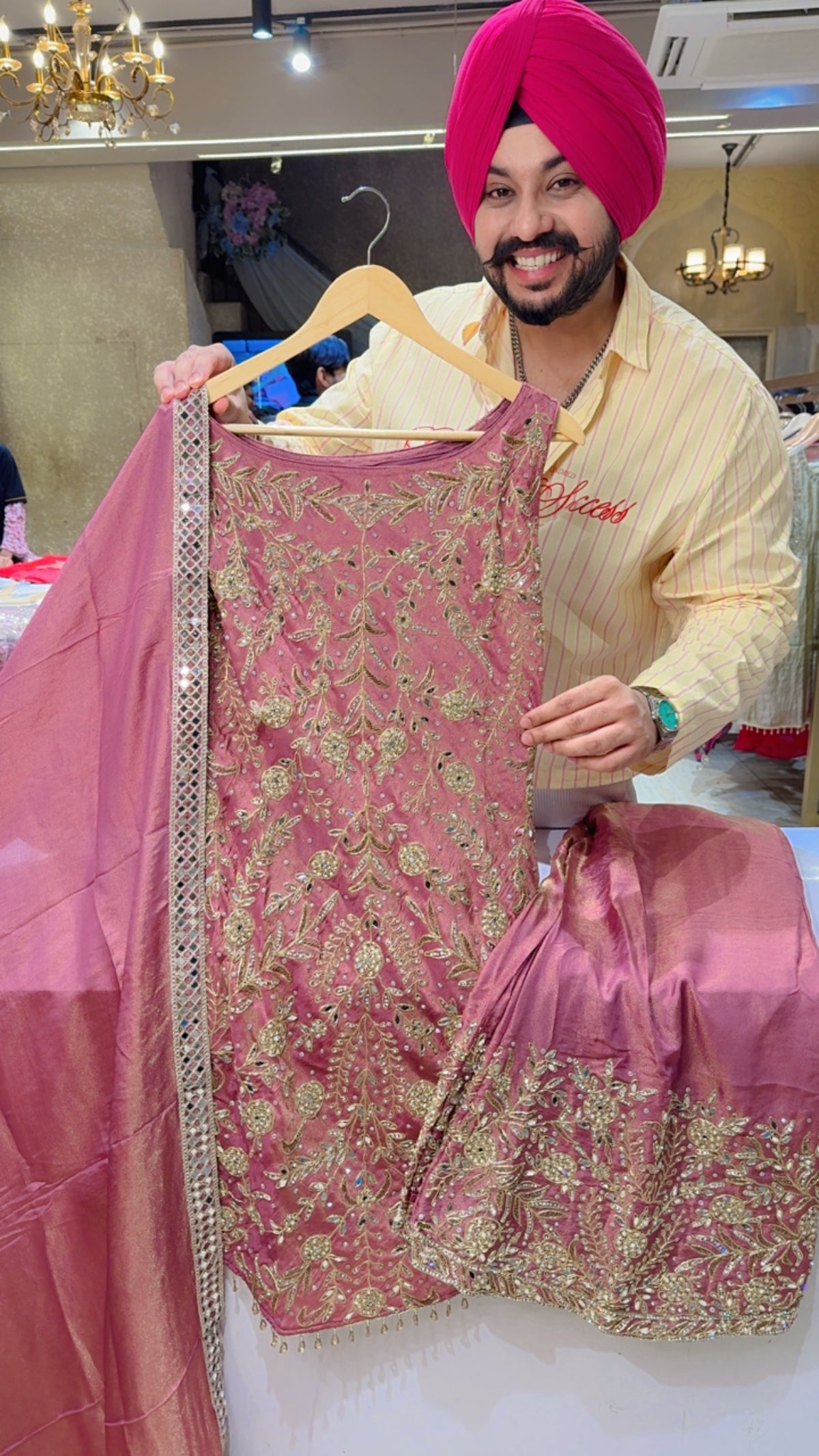 Onion pink Shimmer Silk Fully Hand embroidered & Mirror Pasting Boat Neck Paplum Bell Bottom Heavy Suit