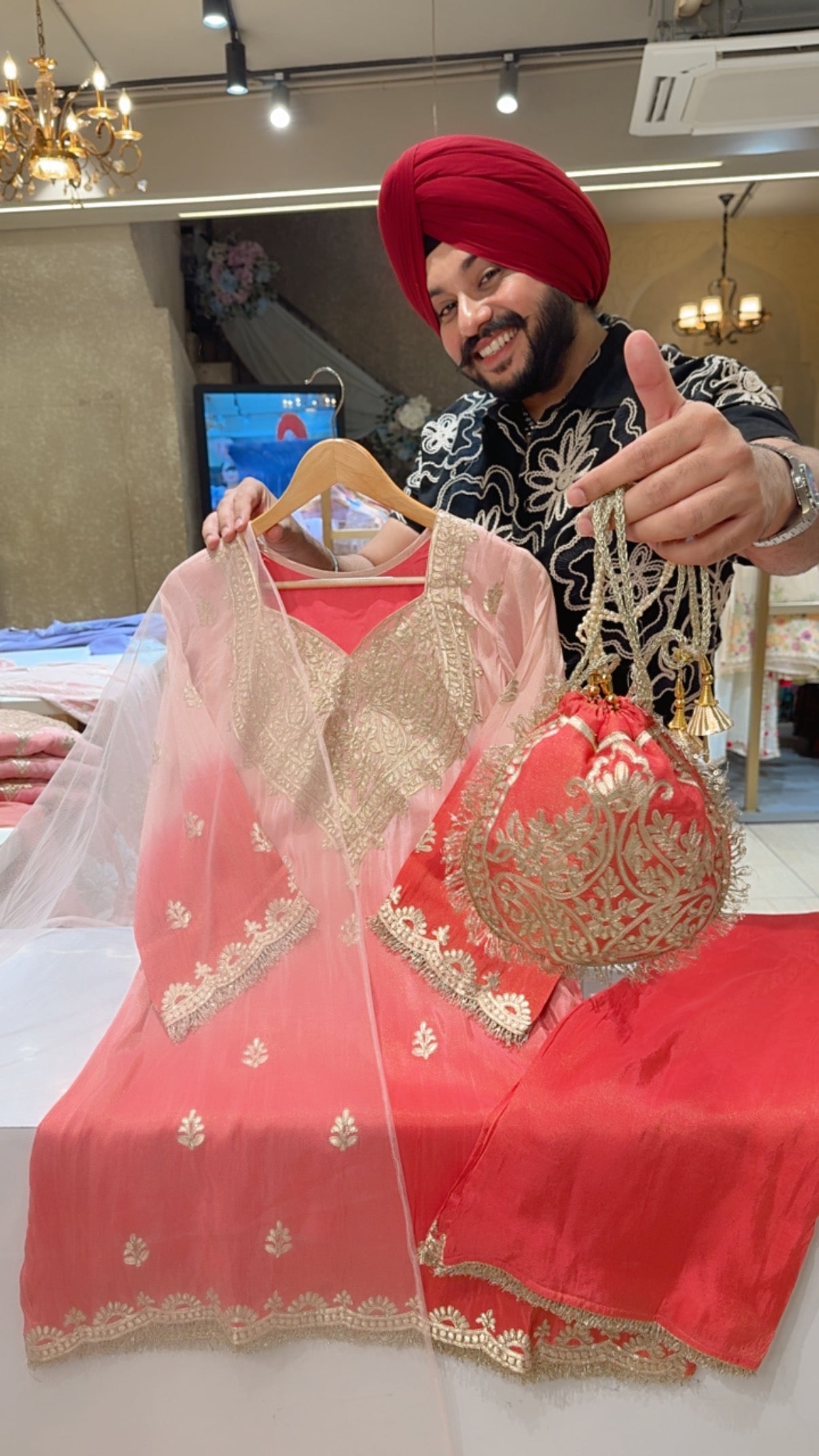 Baby Pink & Gajri Ombre Print Gotta Embroidered Indowestern western Girish Suit with Heavy Potli & Sleek Duppata