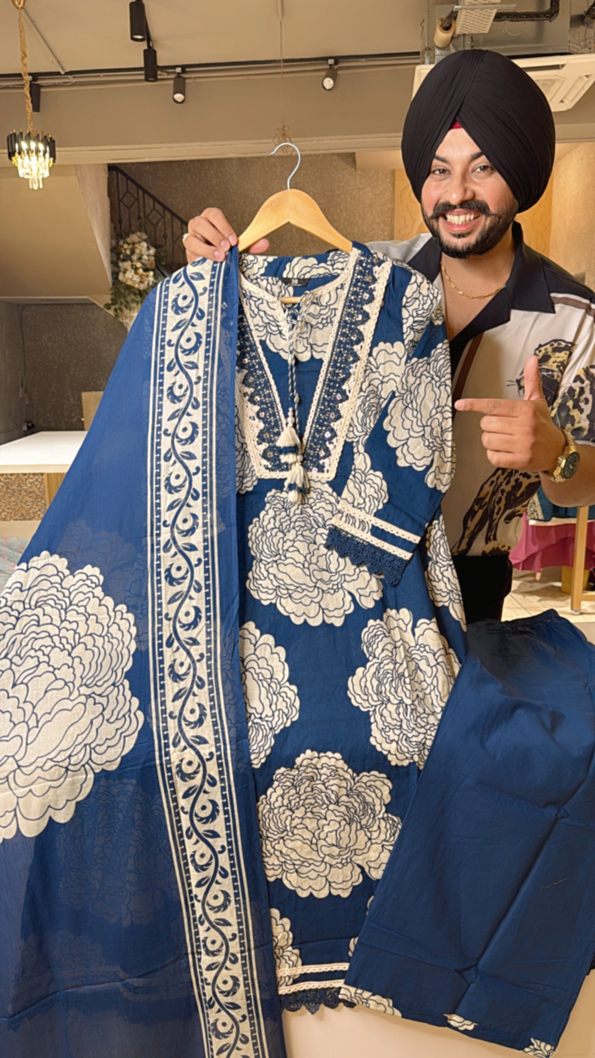 Ink blue Pure Cotton Indowestern Pakistani A-line Suit with Crochet work on neck