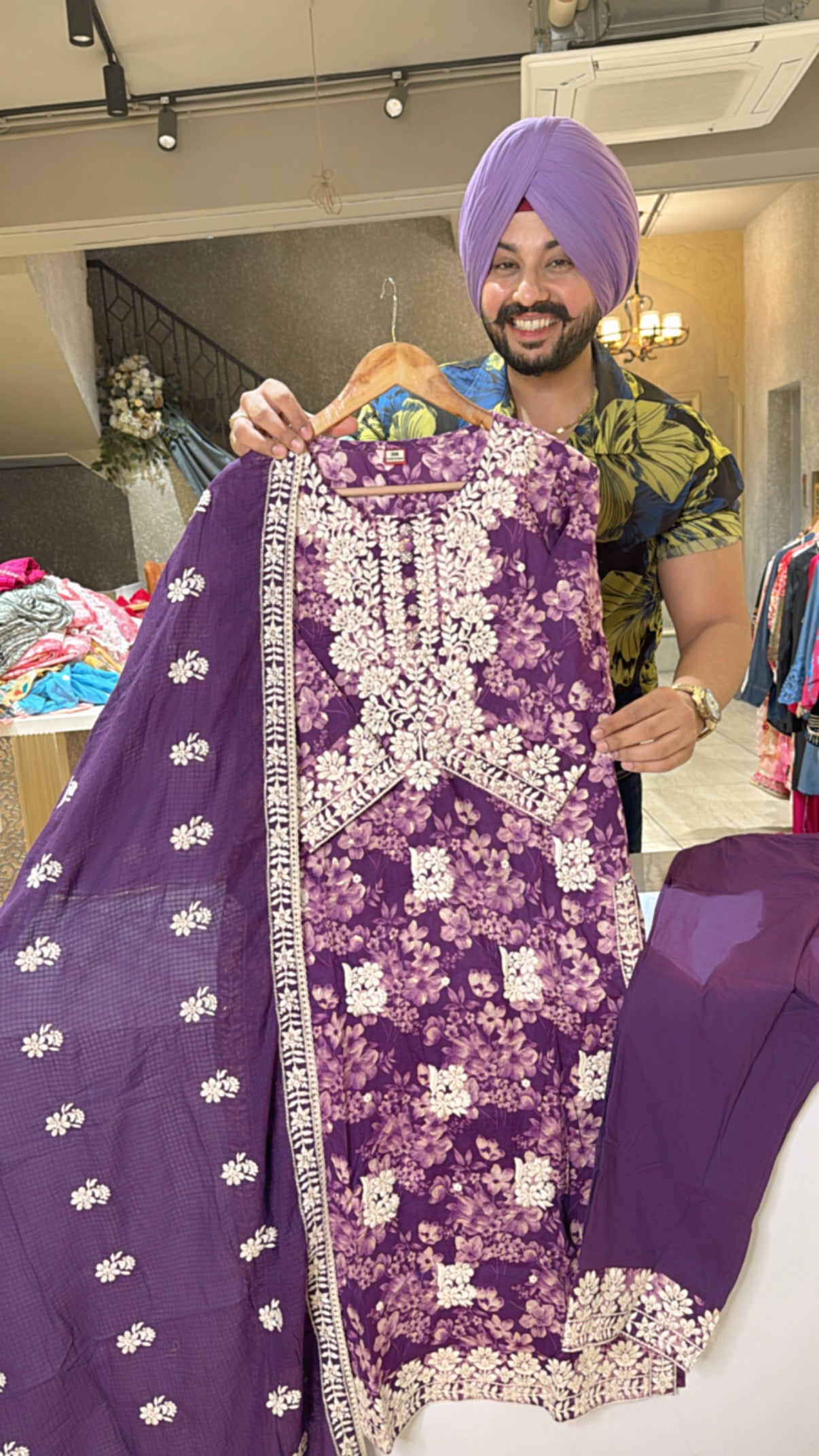 Purple Pure Cotton heavy embroidered Suit with Kota Doria Embroidered Duppata