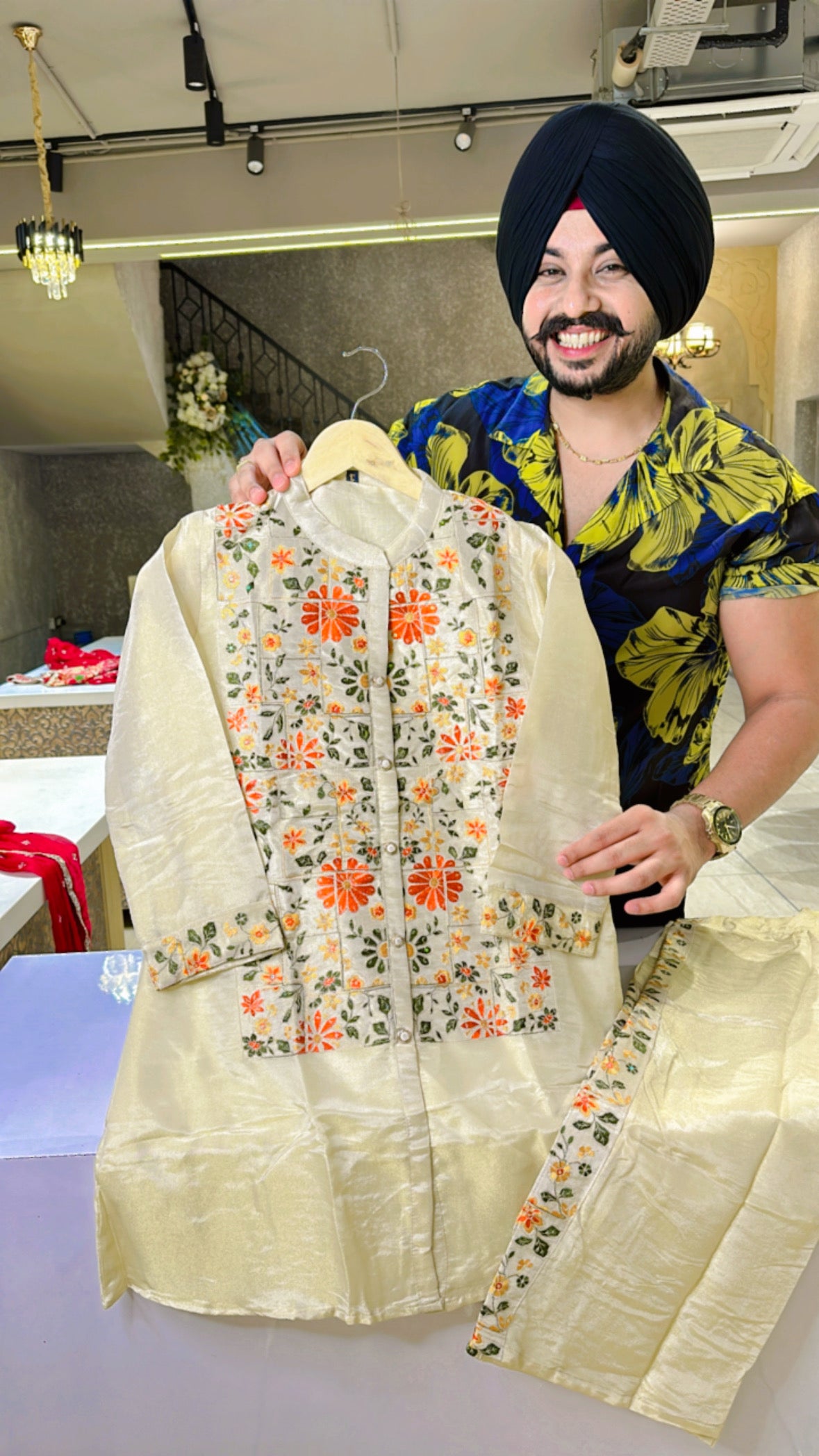 Goldenish Cream Shimmer Tissue silk embroidered Coord set with Embroidered Bottom