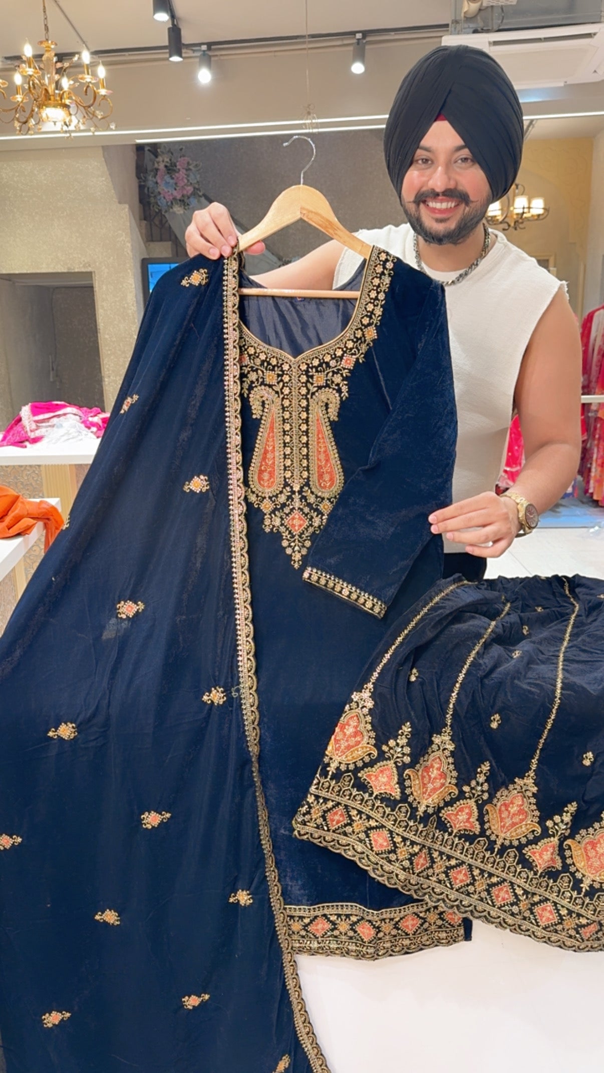 Navy Blue premium Velvet Heavy Embroidered Sharara Suit with Beautiful Duppata