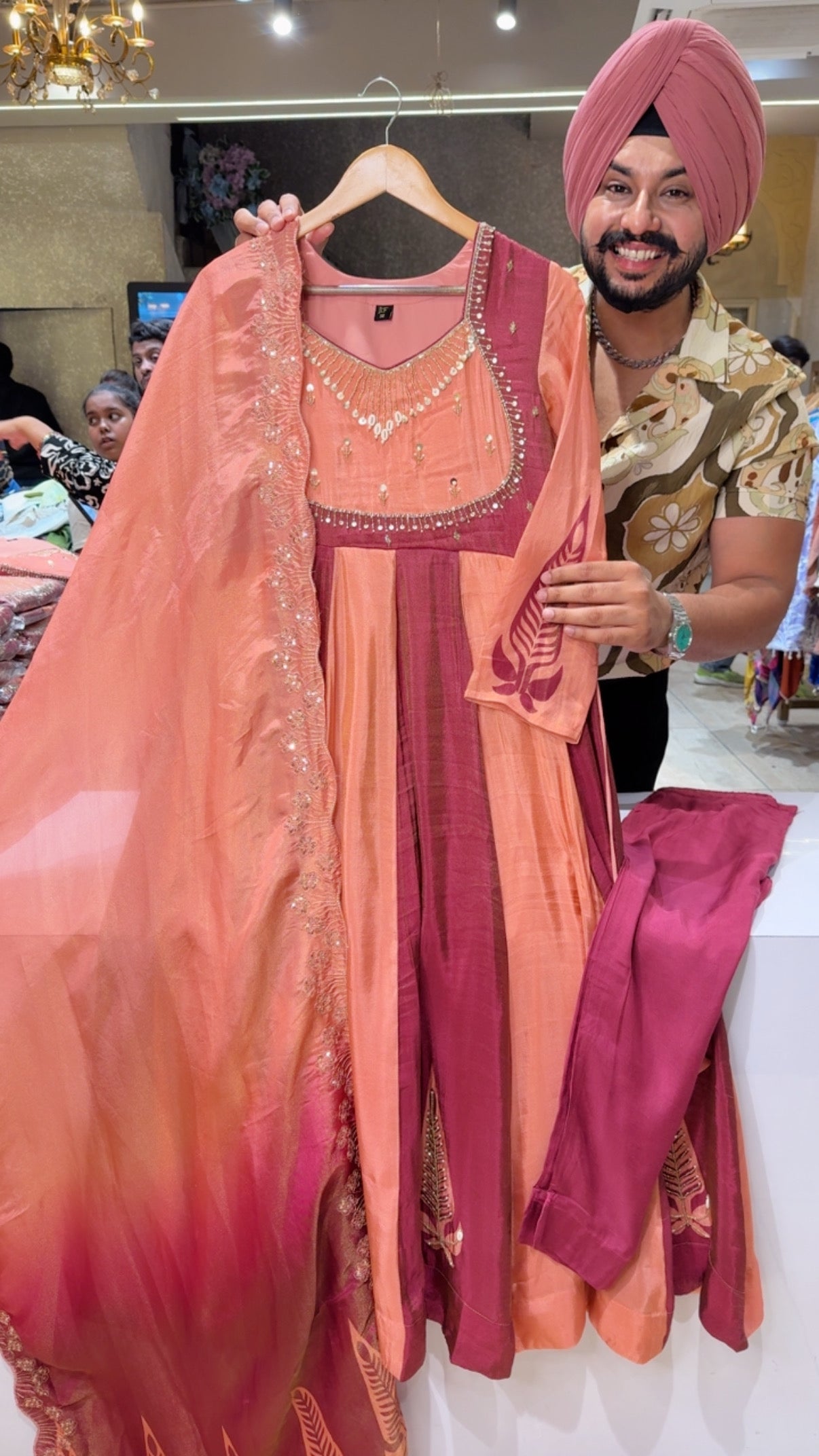 Peach & Maroon Shimmer Silk Hand embroidered Party Wear Anarkali suit