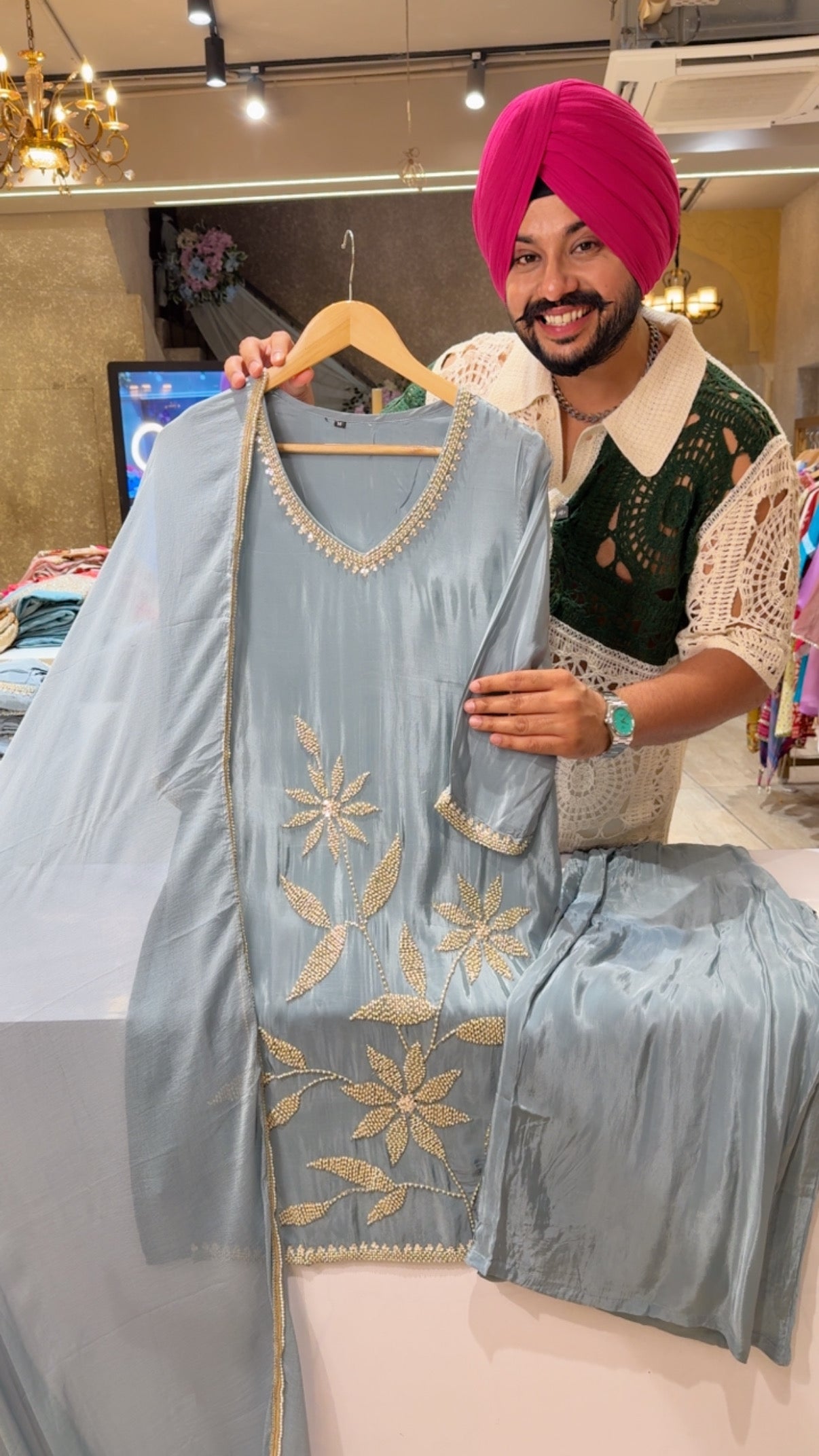 Blueish Grey Premium Crepe Designer Hand embroidered Party wear Suit