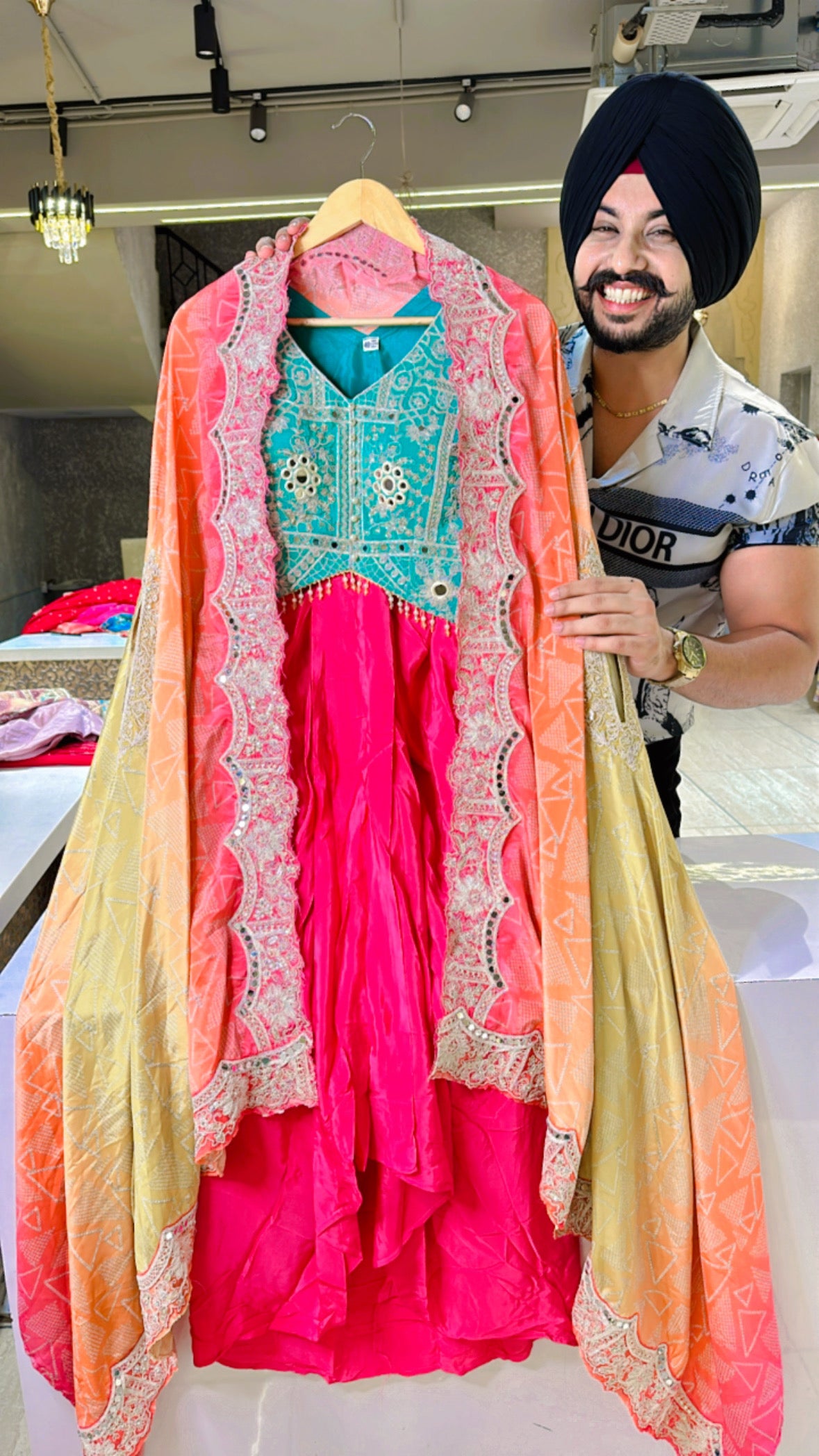 Crepe Heavy Embroidered Indo western 3 piece with Croptop,drape Skirt & shrug