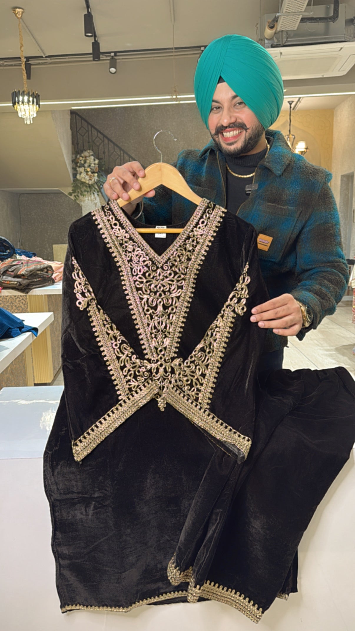 Black Premium Velvet Pakistani Coord set with Beautiful Embroidery work on neck & bell Sleeves