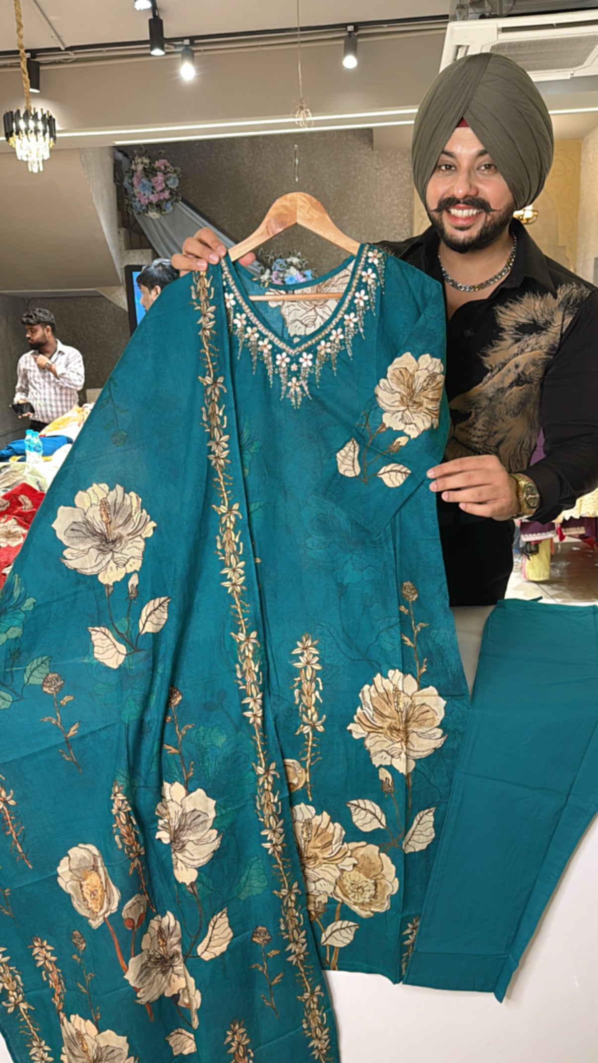 Dark RamaGreen Pure Cottton floral Print Straight Suit with Hand Embroidery work on neck