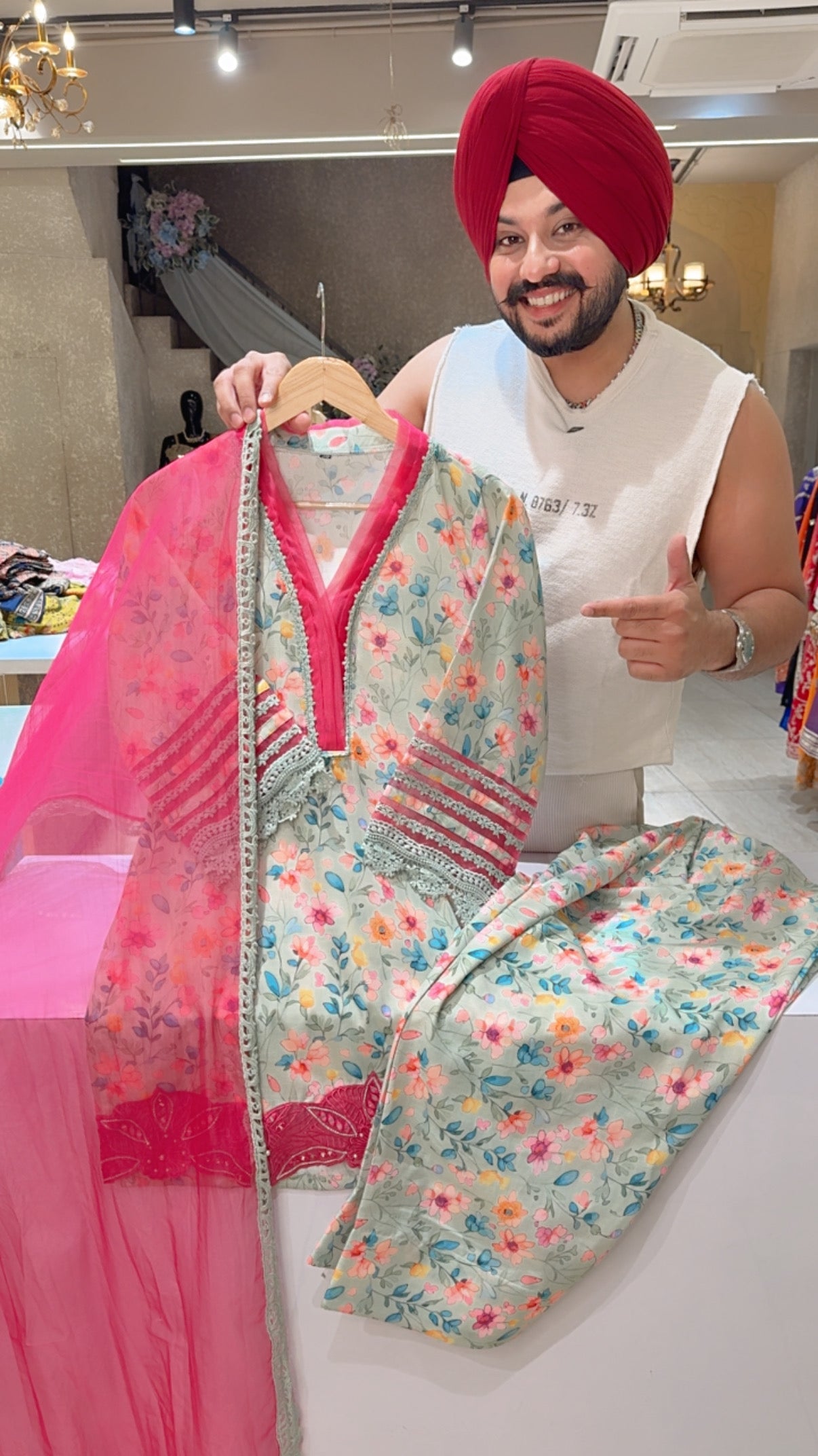 Pink & multicolored linen floral pakistani farshi salwar suit with applique work on ghera & organza dupatta