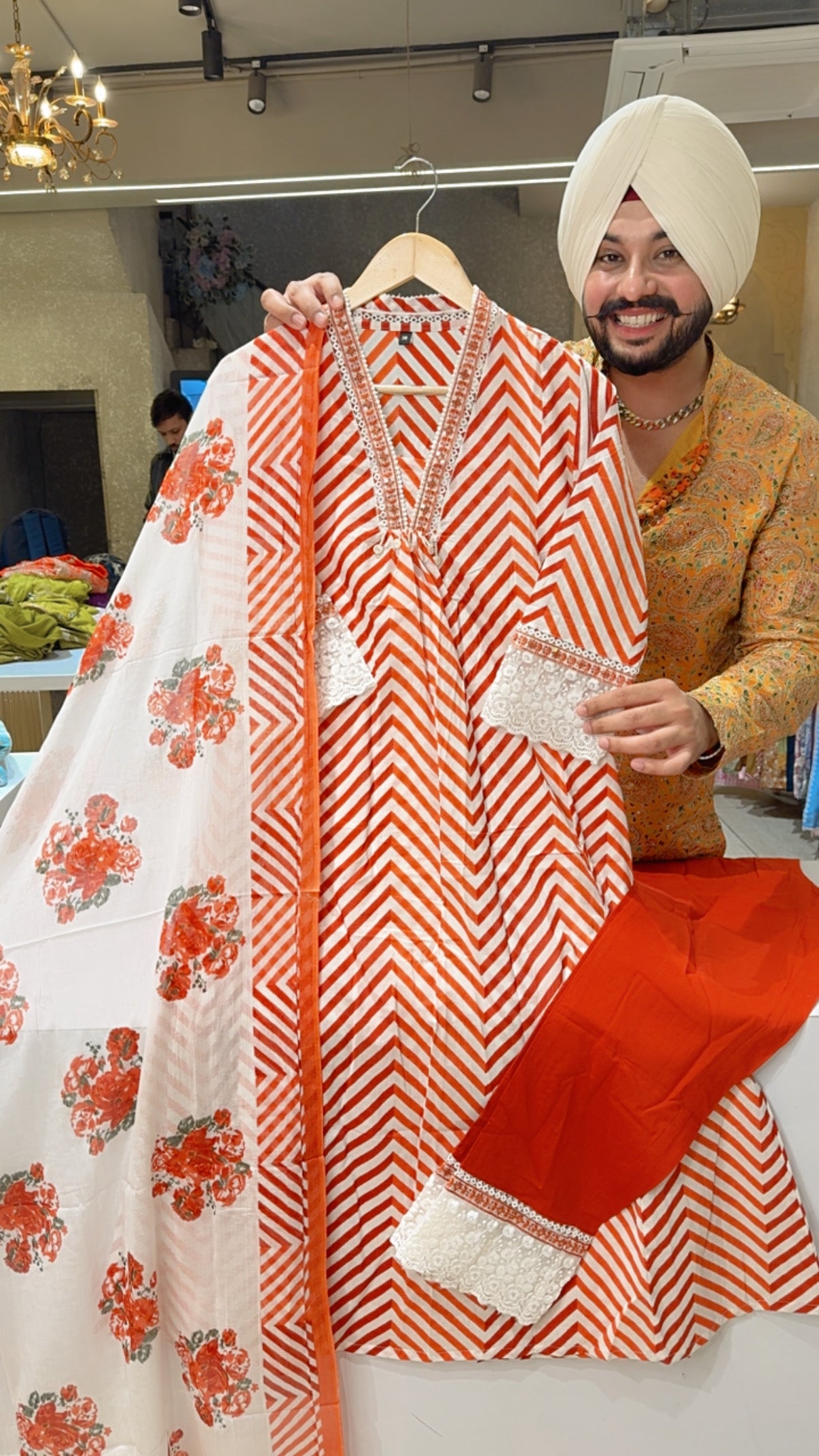 Moon White & Orange Pure Cotton A-line Office Wear Suit with Sleek Embroidery work on neck