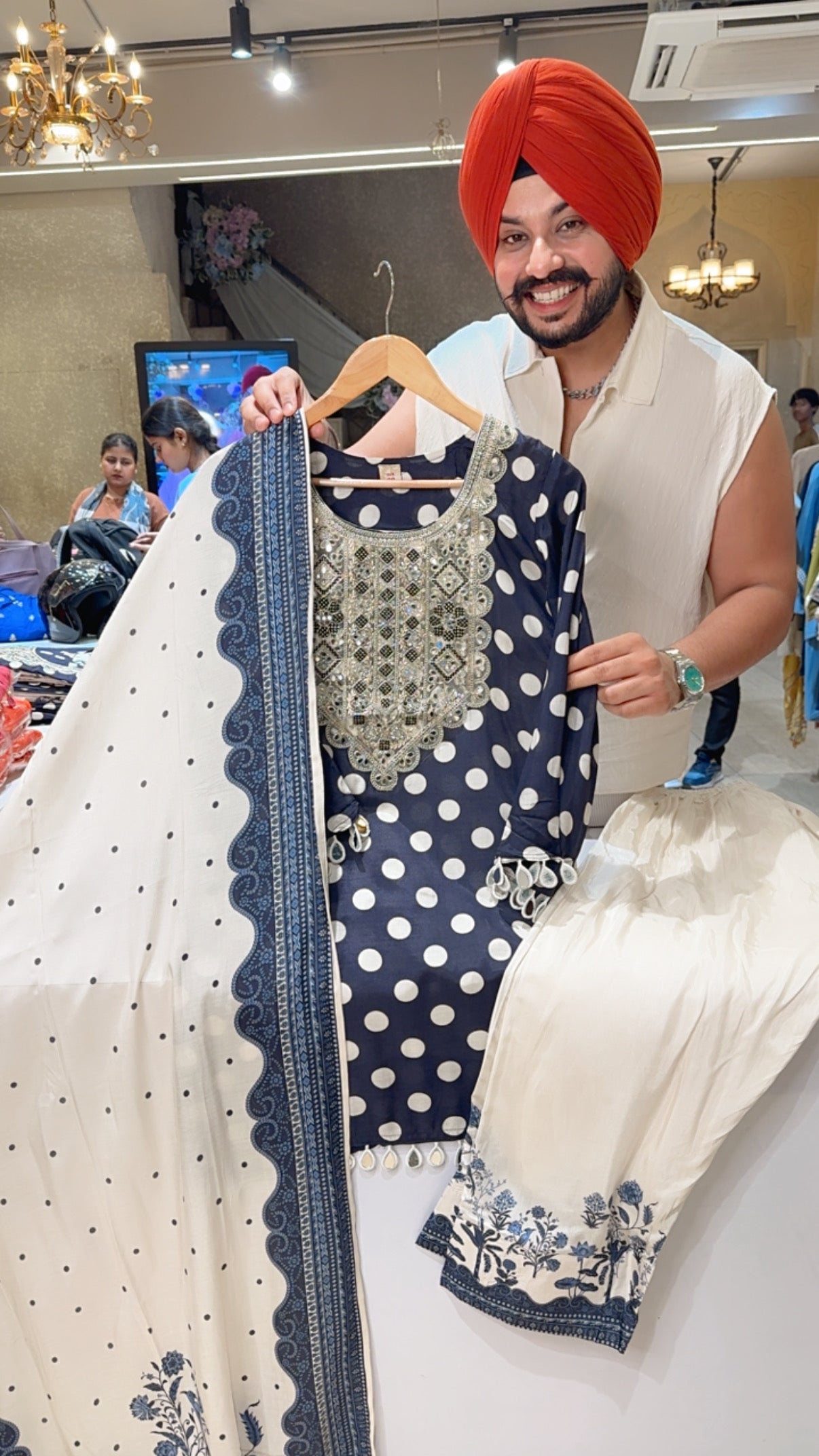 Navy Blue Muslin Silk Polka Dots Mirror work Farshi Salwar Suit