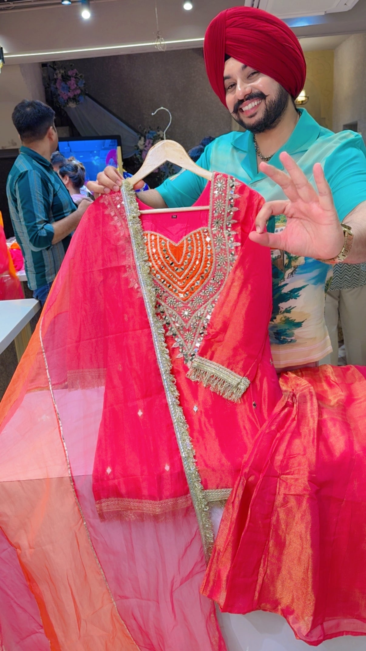 Gajri pink Shimmer Organza Bell Bottom Sharara Set With Heavy Embroidered & mirror Work on it