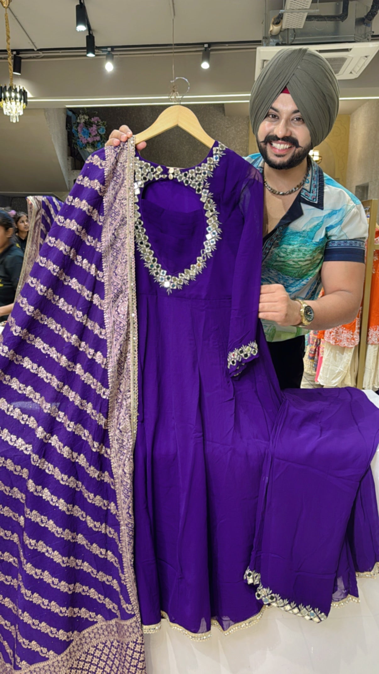 Purple Georgette Heavy Mirror work Designer neck Anarkali Suit with Beautiful Banarasi look Duppata