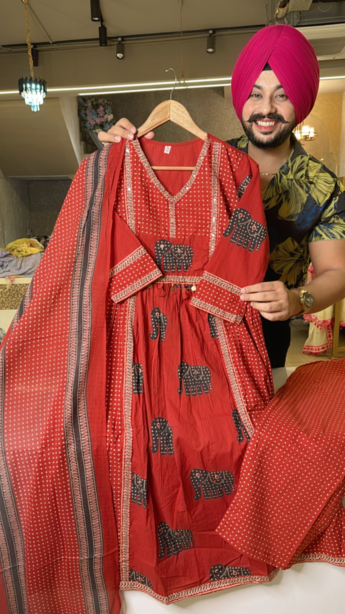 Reddish Maroon Pure Cotton Elephant Print A-line Office Wear suits