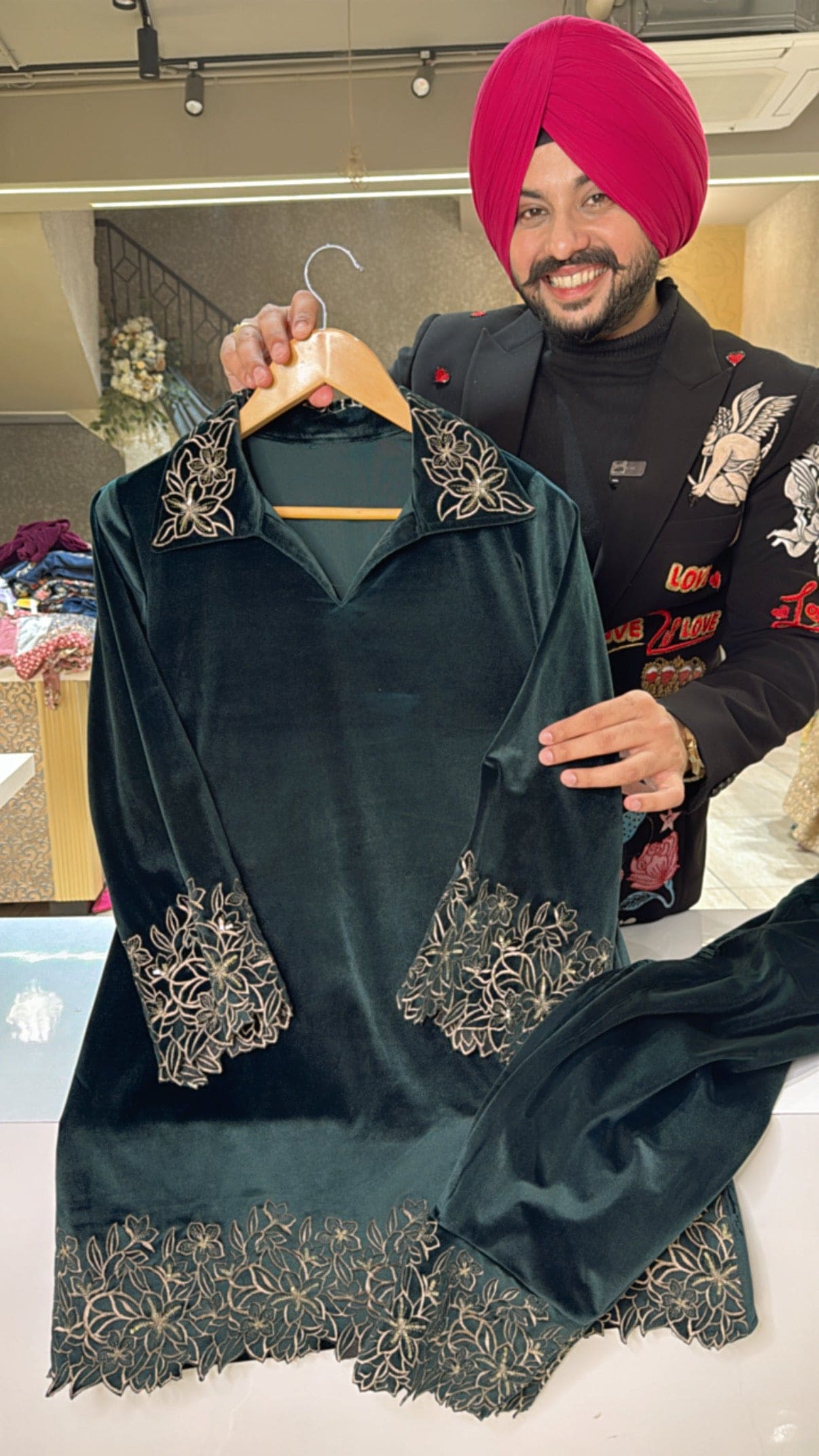 Dark Green Heavy Strechable Velvet Collar neck Pakistani Coord set with Heavy Embroidery Work on it