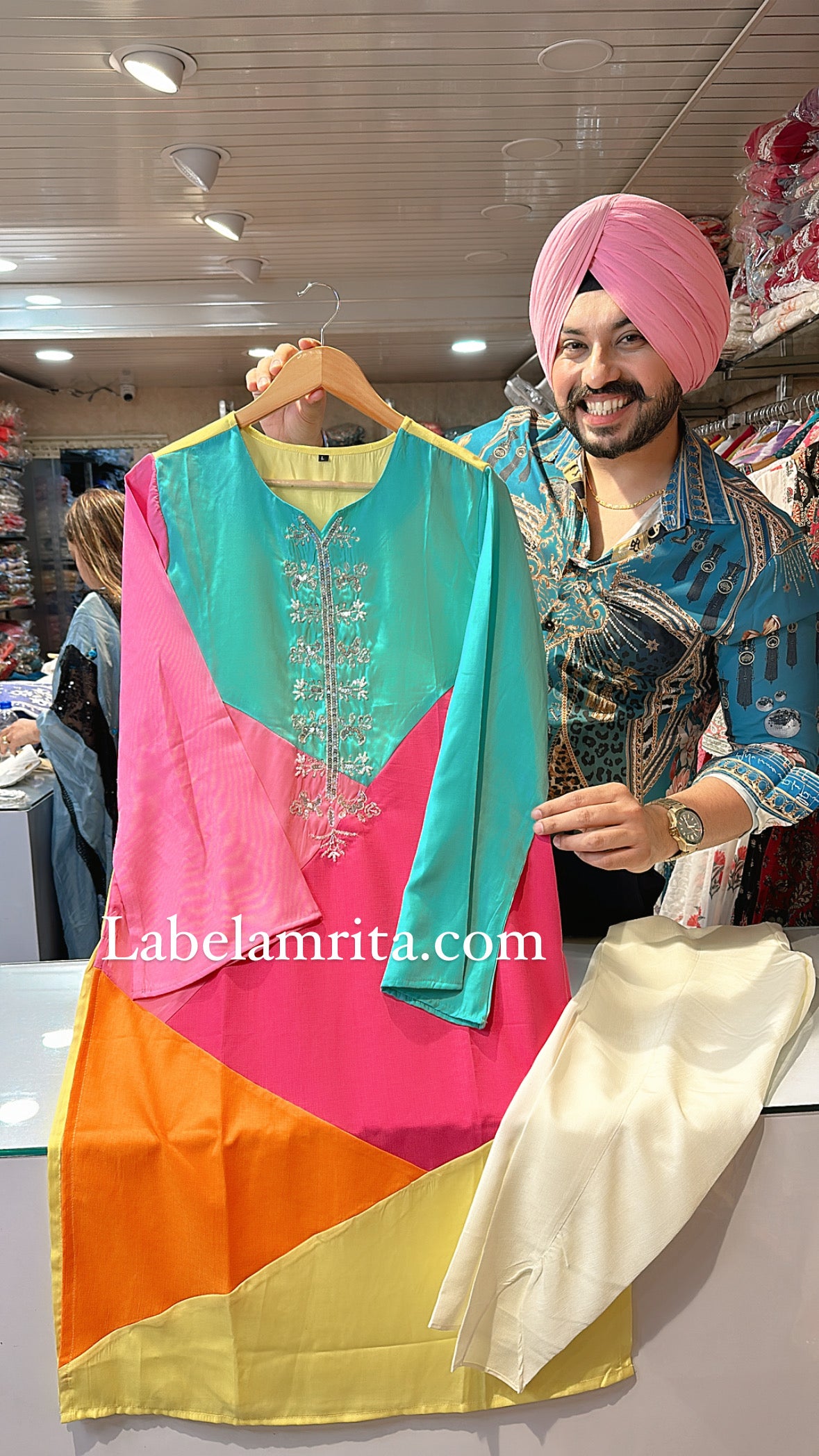Multicolored Vibrant Coord in Imported fabric with Handwork on neck