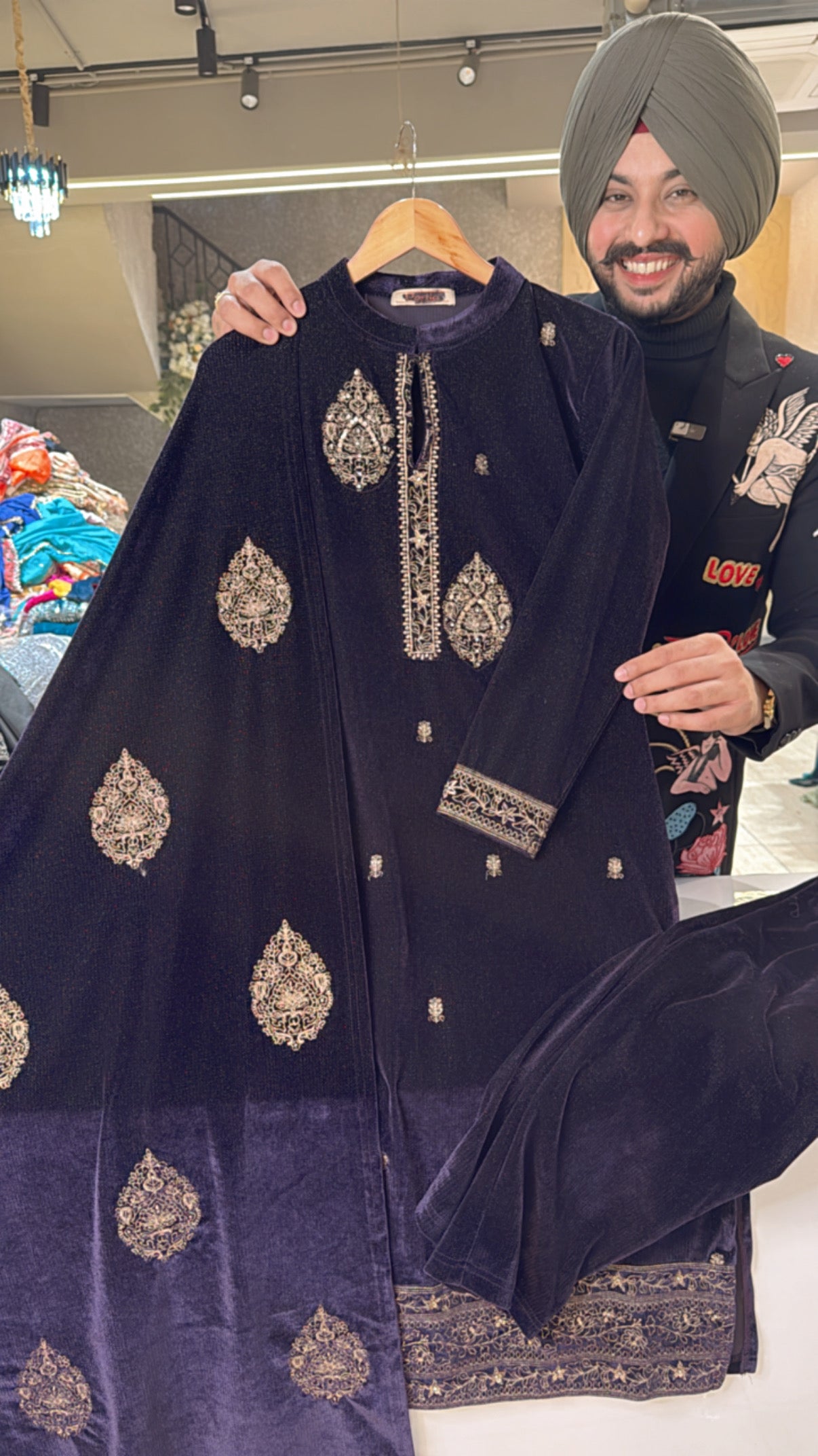 Dark purple Premium Shimmer Velvet Fully Strechable Straight suit with Heavy embroidered Duppata