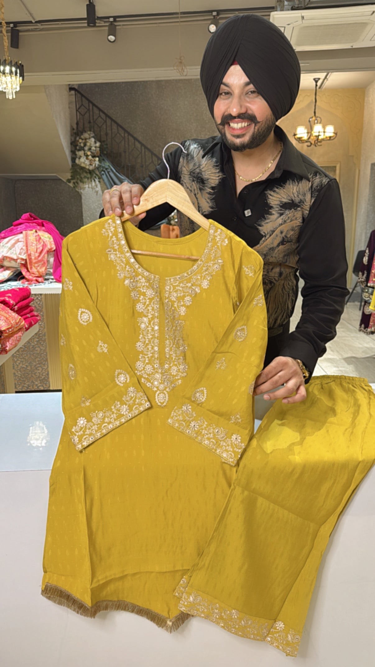 Yellow V-cut Soft Silk Embroidered Coord set
