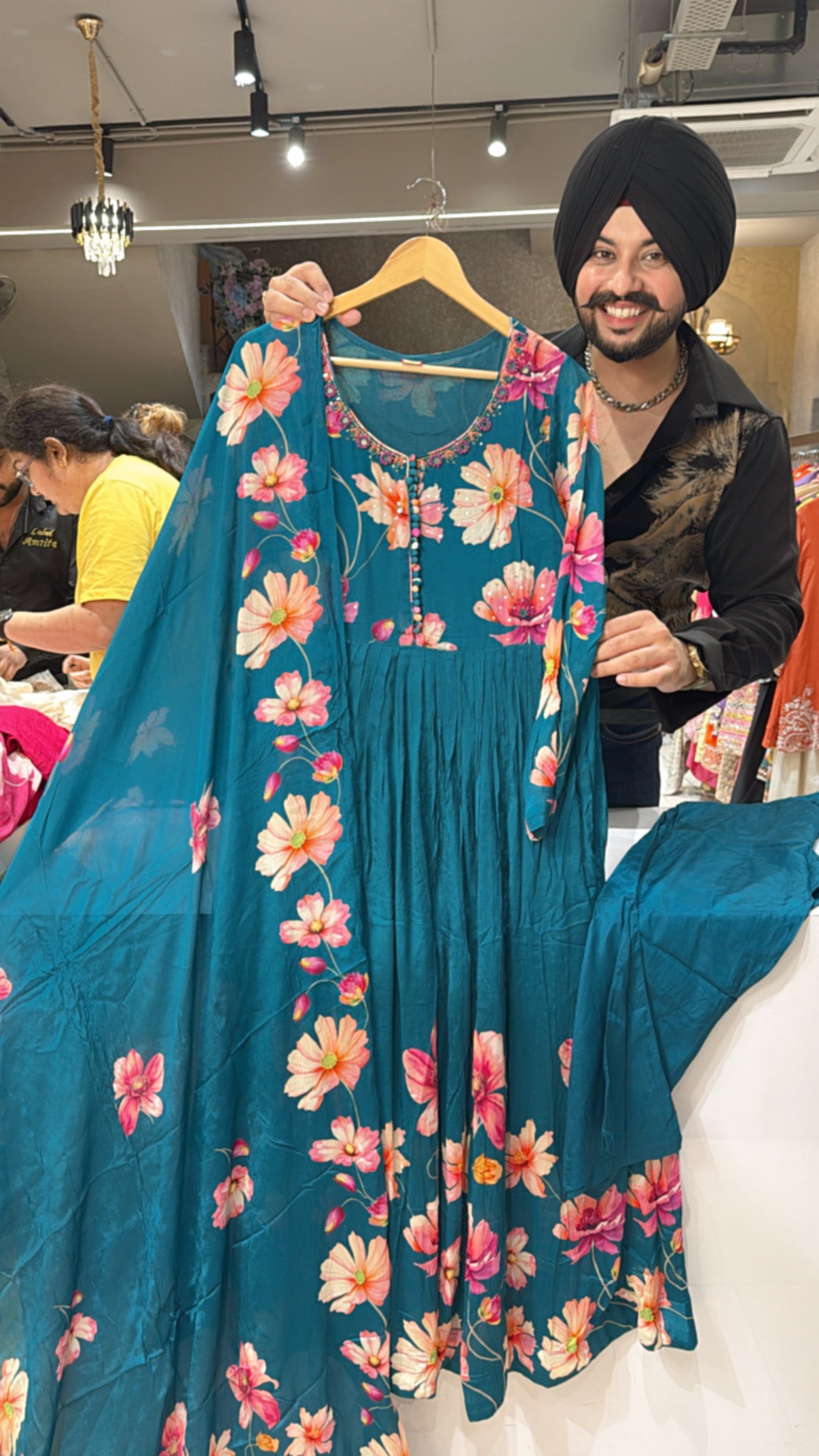 Peacock Chinon Floral Print Full Flair Anarkali Suit with Beautiful Embroidery Work on neck
