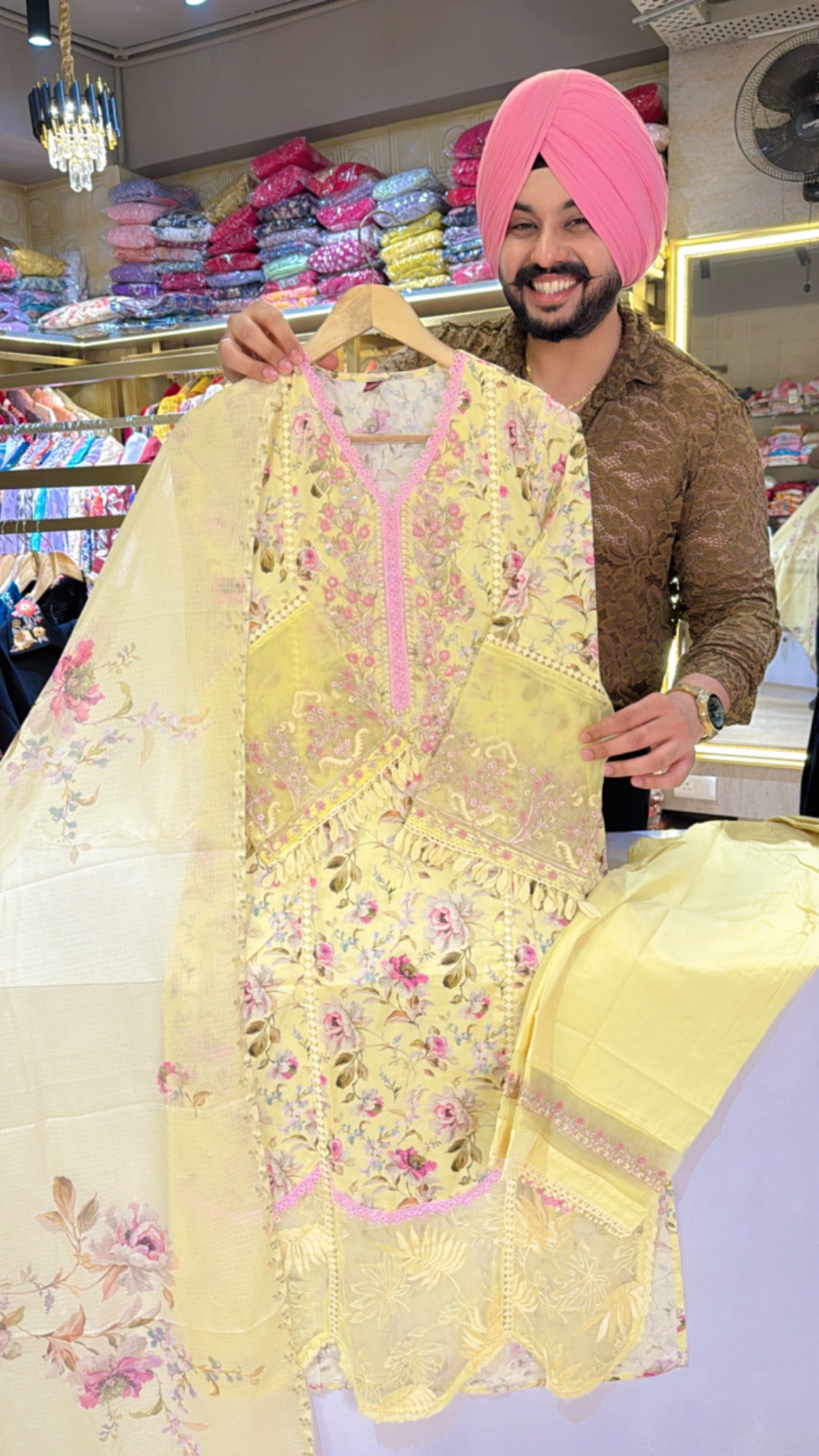 Lemon Yellow Pure Cotton Embroidered Pakistani Suit with Beautiful Kota Doria Duppata