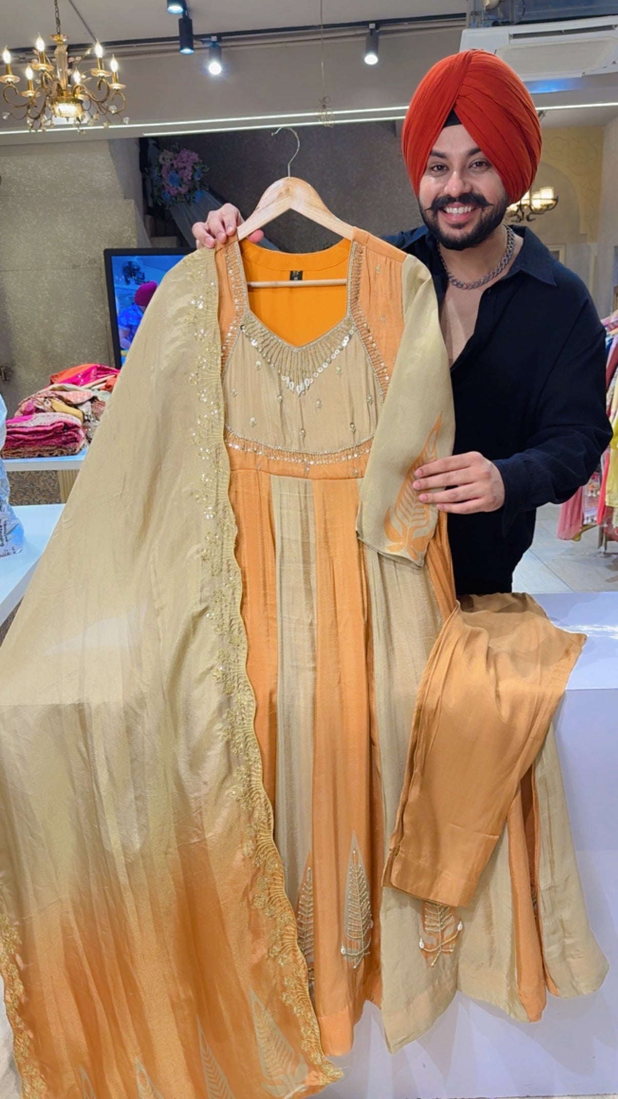 Mustard & Golden Hand embroidered Shimmer silk Party Wear Anarkali suit