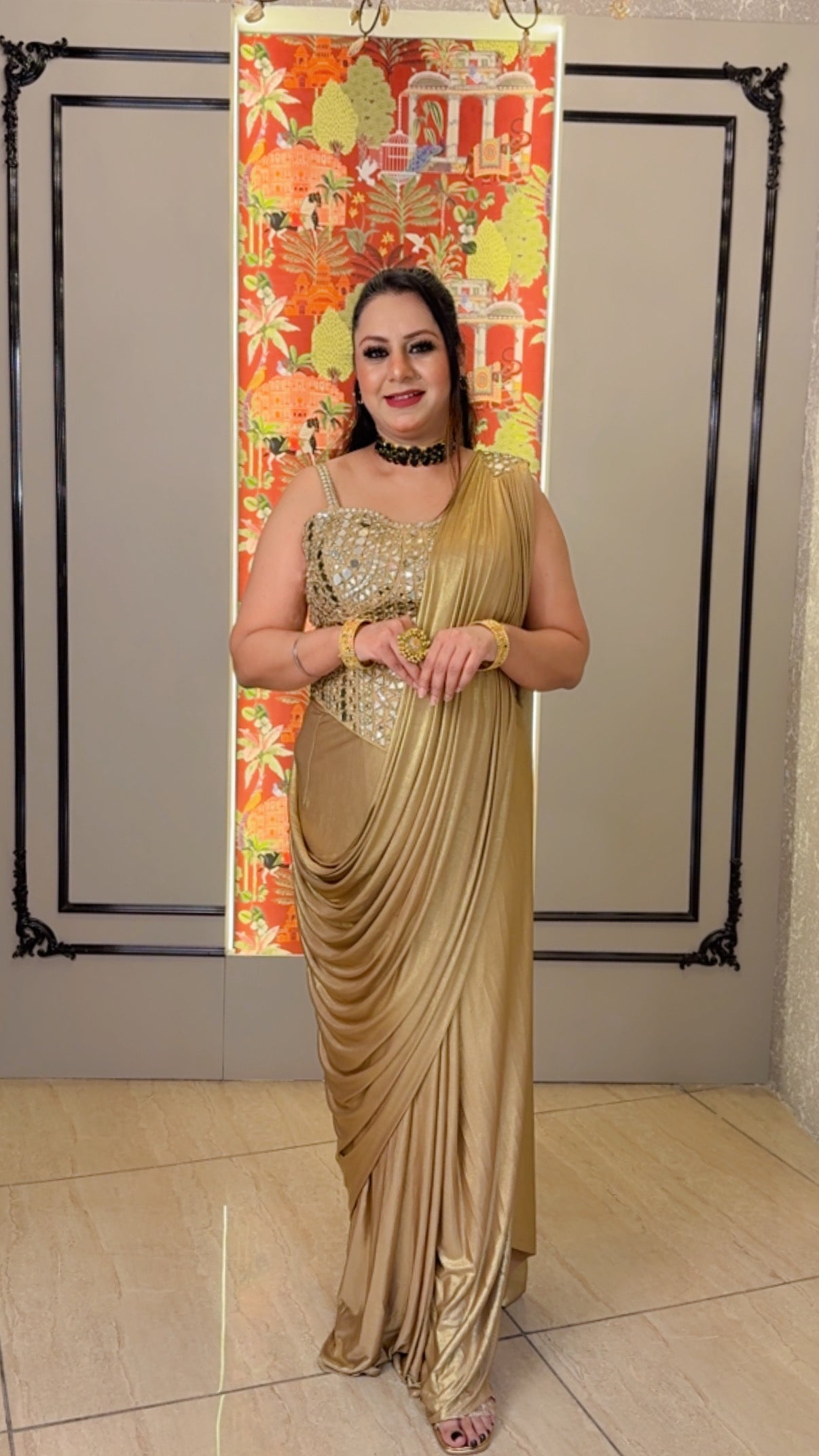 Golden Heavy mirror Work Imported Shimmer Corset With Drape Saree