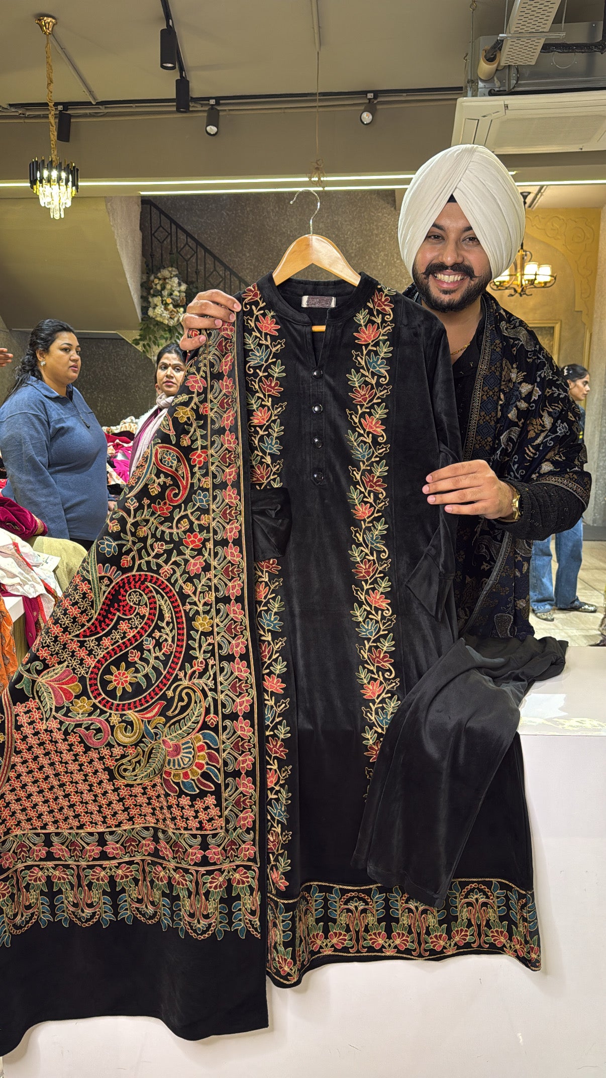 Black Fully Strechable velvet embroidered A-line Suit with Heavy Duppata
