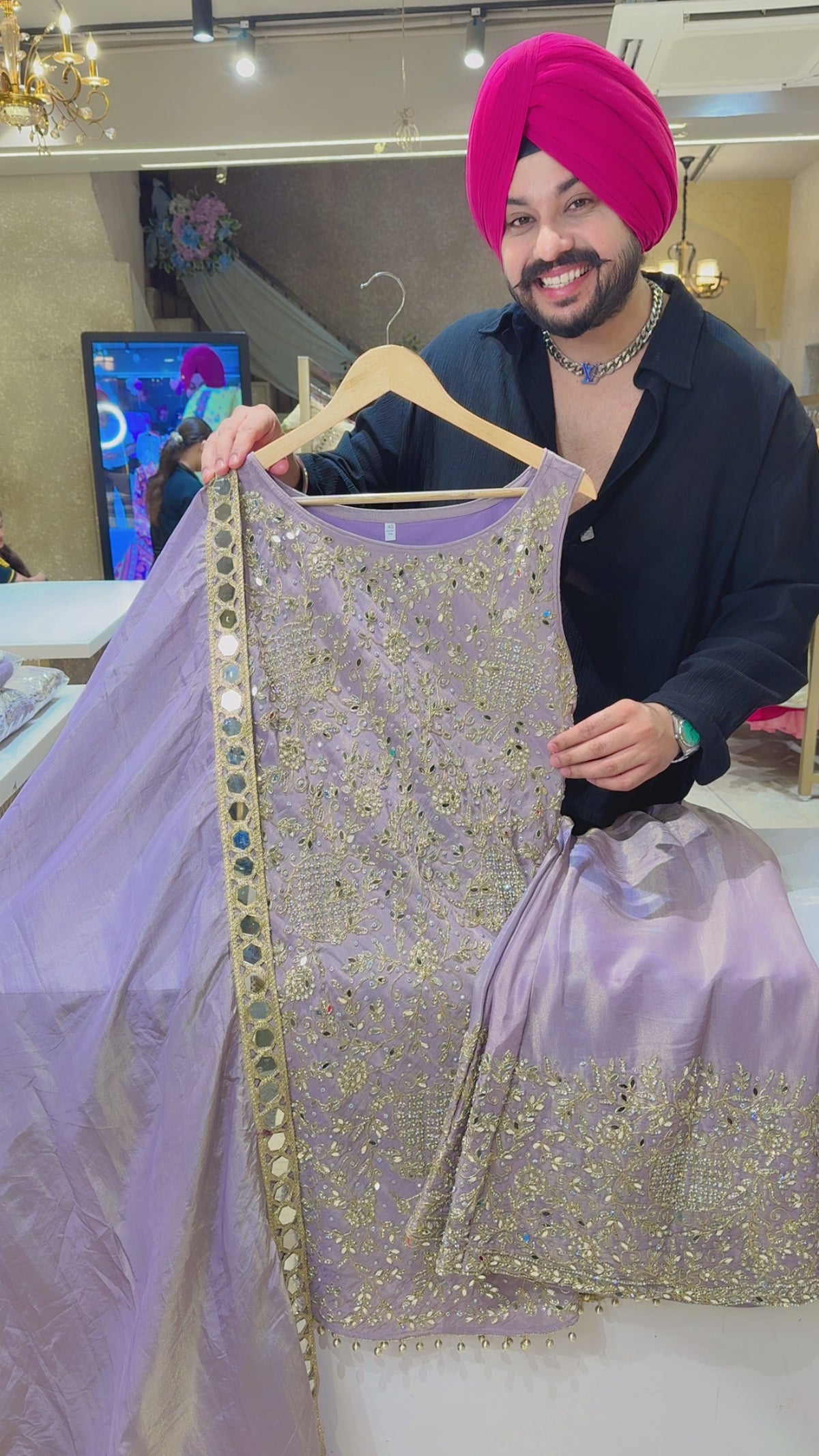 Lavender Shimmer Silk Fully Hand embroidered & Mirror Pasting Boat Neck Paplum Bell Bottom Heavy Suit