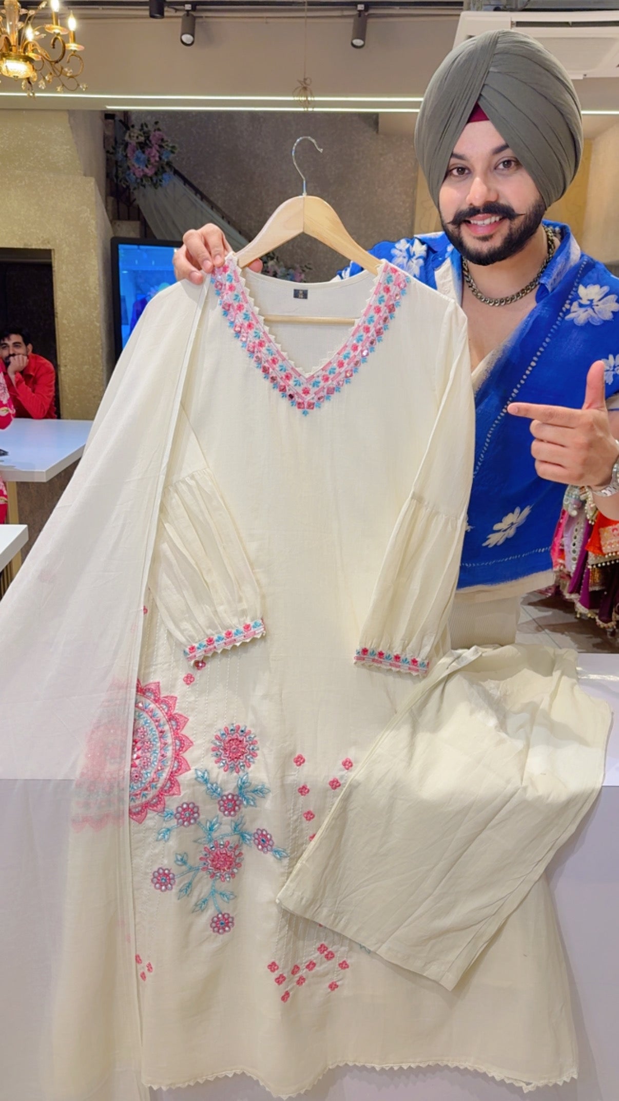 Off white Mal Cotton Embroidered A-line Suit with Beautiful Embroidered Duppata