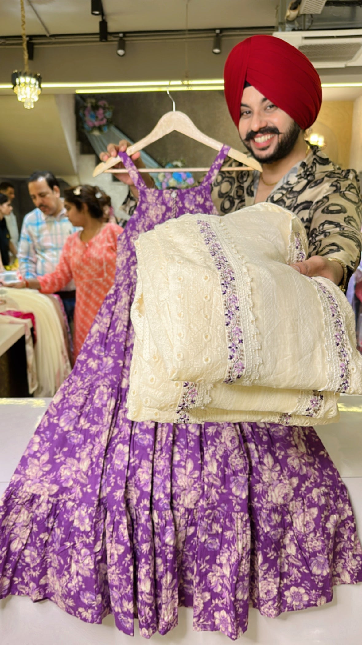 Purple Cotton Floral Print Indo western Dress with Off white Embroidered Shrug