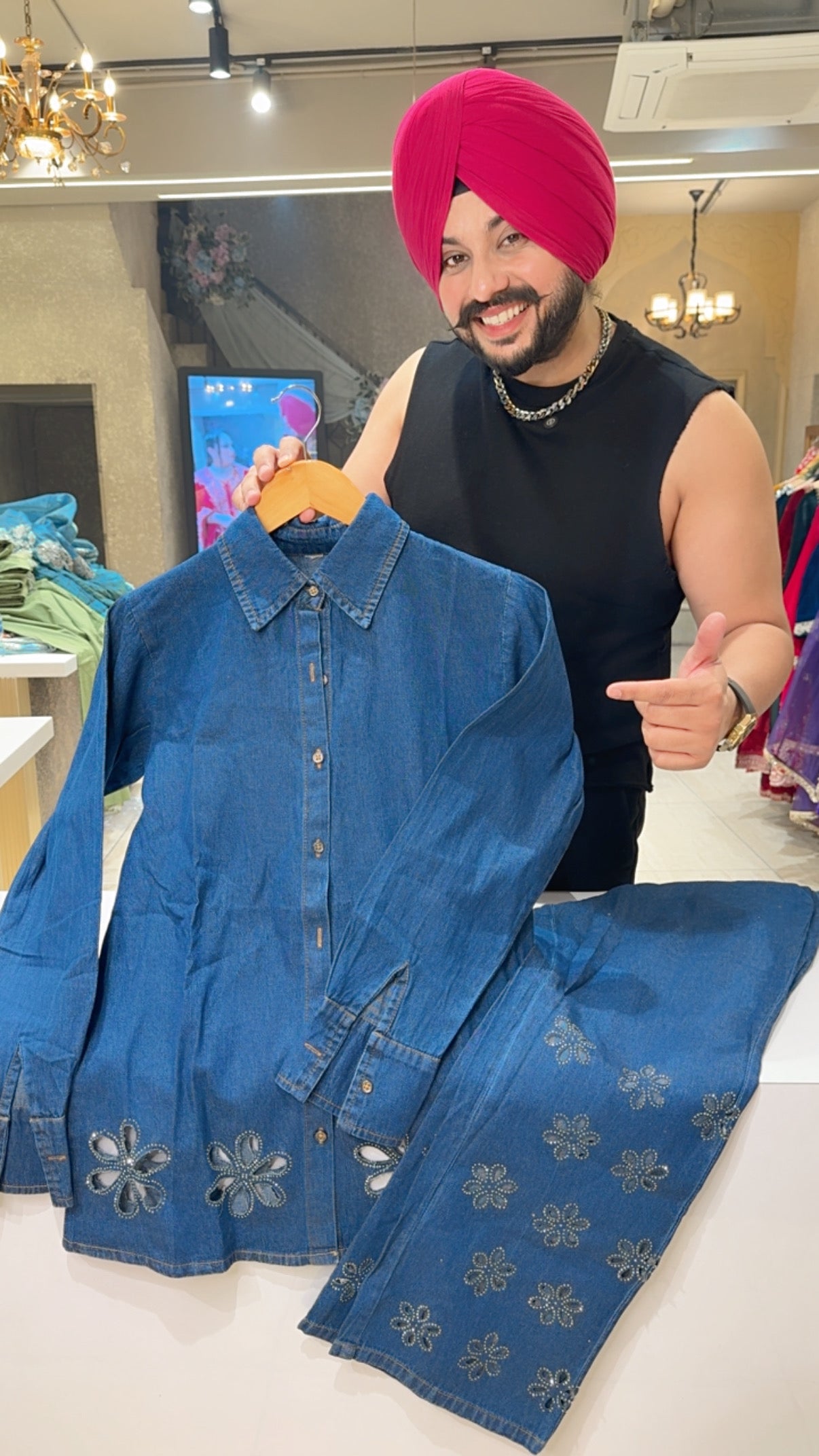 Dark Blue Soft Denim Designer Coord sets with Swarovski & Cut Work on it