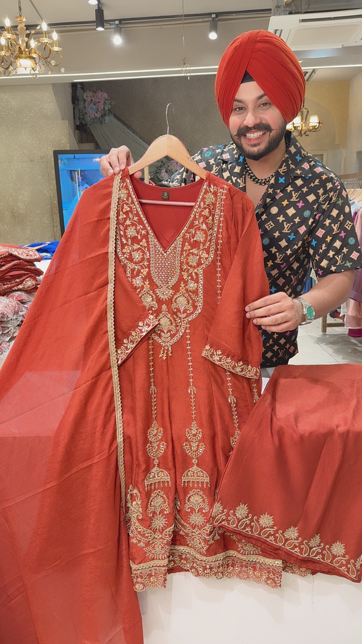 Rust Crush Chinon Heavy Hand embroidered Full Flair Paplum Plazo Anarkali suit
