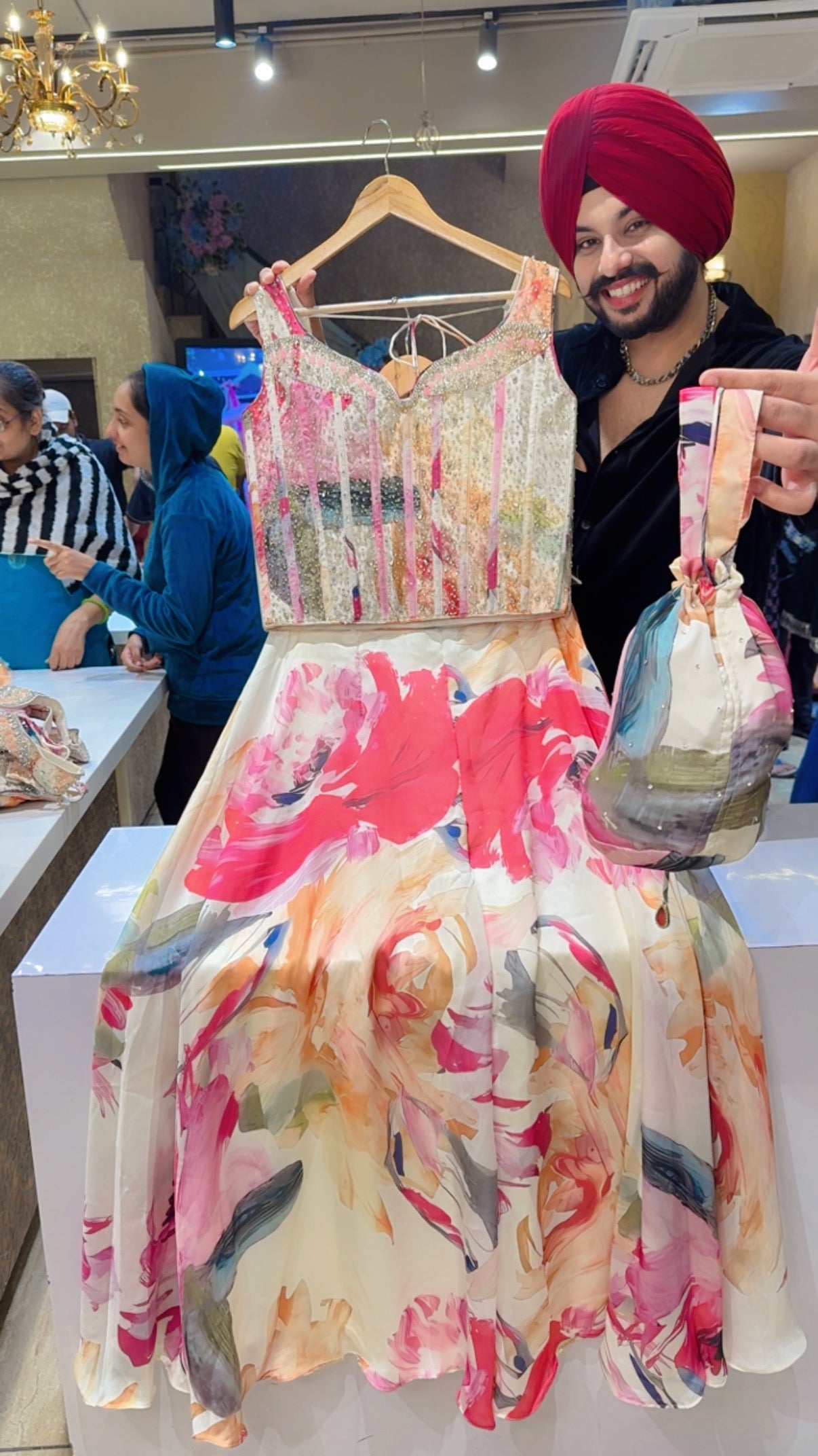 Cream & Multicolored Satan Silk Full Fair bell bottom Set with Designer Corset