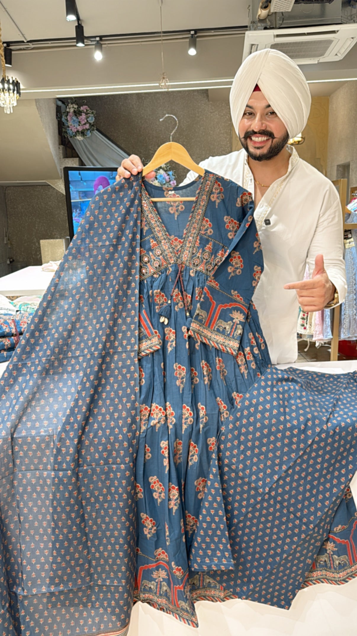 Denim blue Pure Cotton Front Gathering A-line Suit with Beautiful Duppata