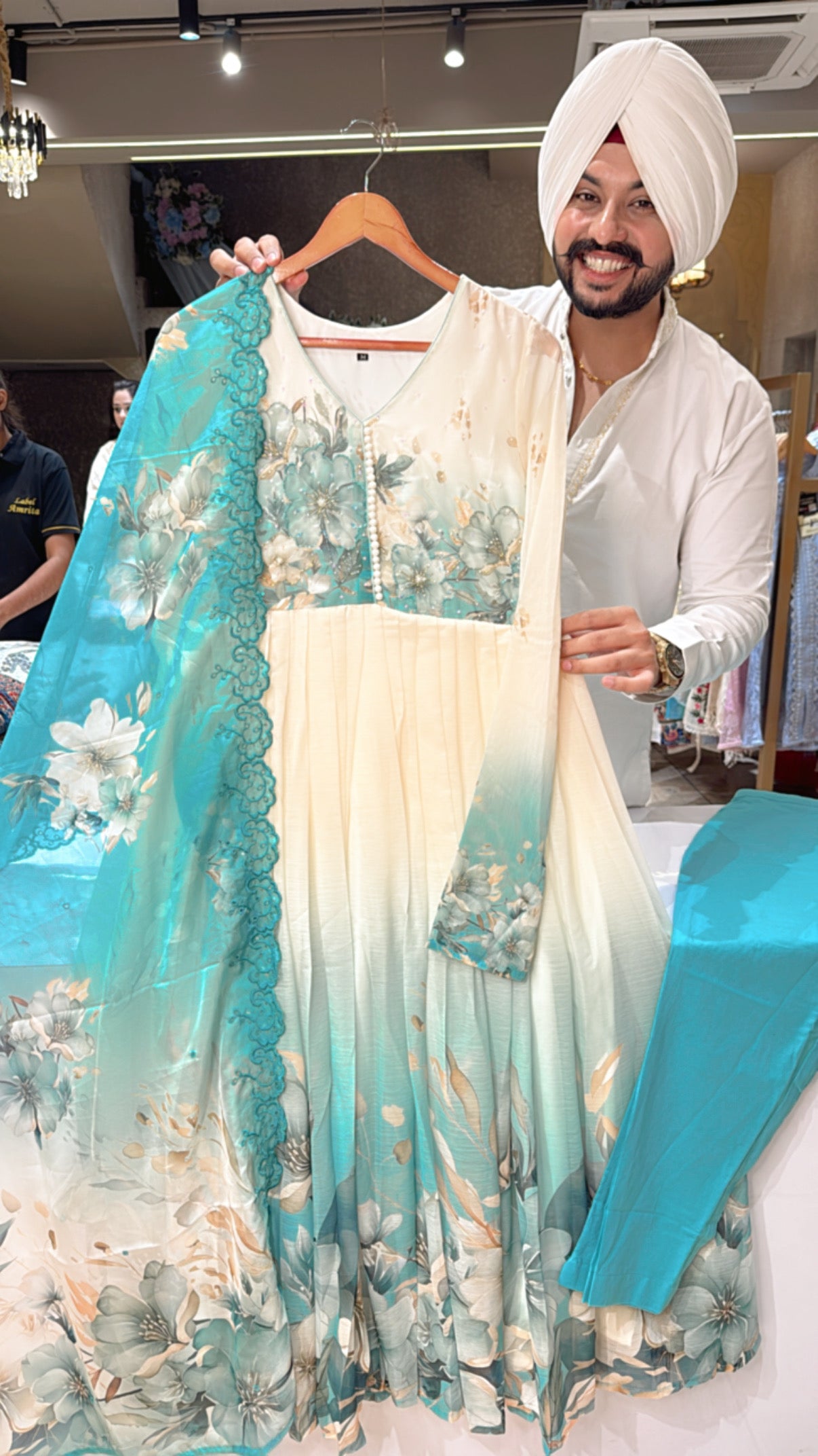 Cream & SeaGreen Chiffon Full Flair Anarkali Suit with hand embroidery work on neck & Embroiderd Organza Duppata