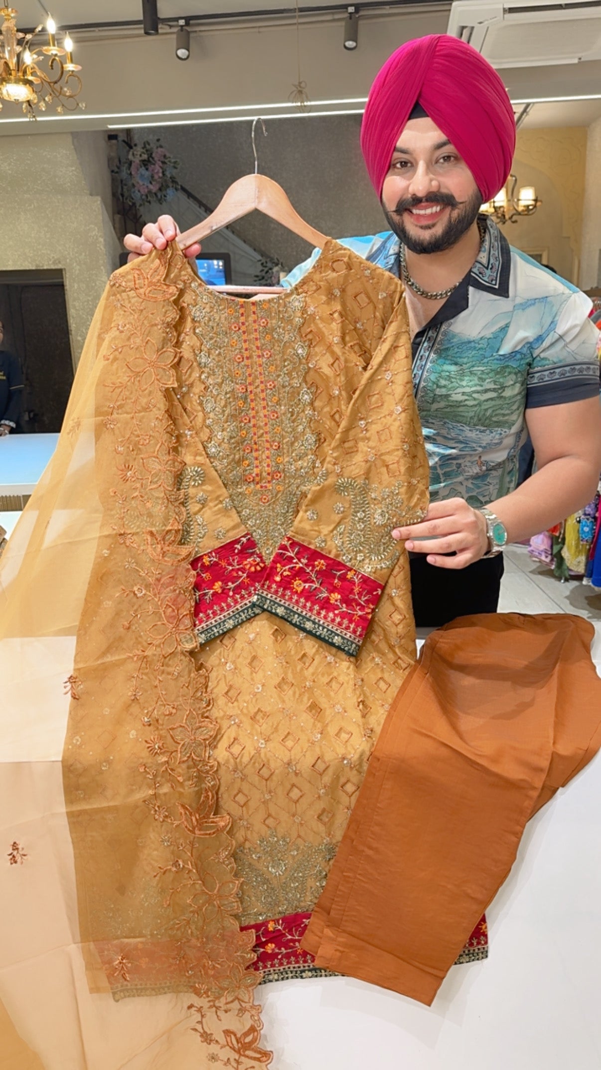 English brown Soft Organza Fully Embroidered & Cutwork Party Wear Straight Suit with Heavy Embroidered Duppata & copper colour Pants