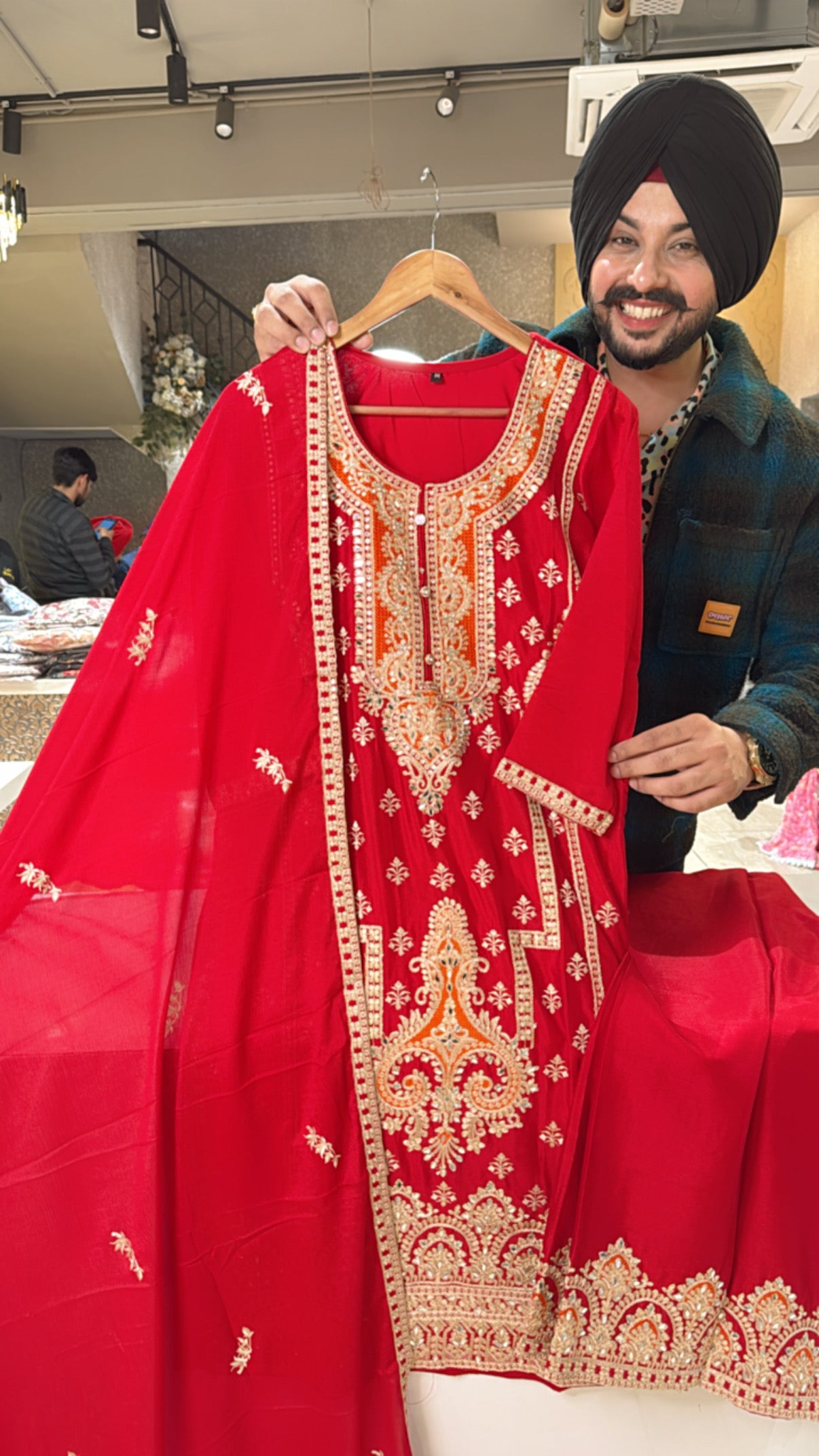 Vibrant Red Chinon Heavy Embroidered Plazo Suit with Beautiful Duppata