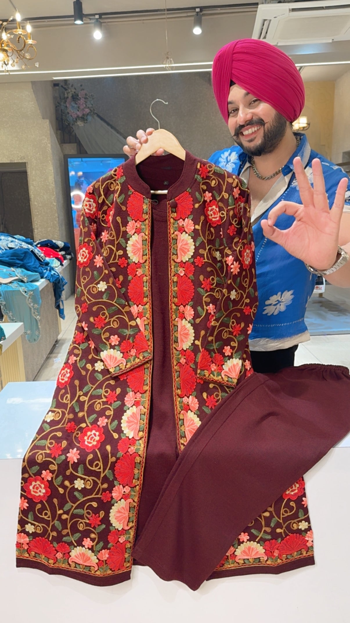 Maroon Woolen Long length Coord set With Heavy Kashmiri Embroidered Shrug