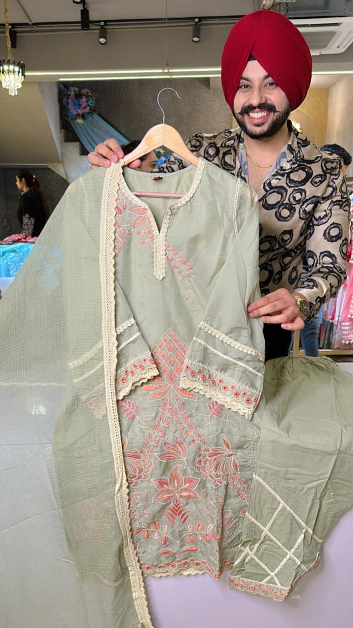 Olive Green Soft Organza Embroidered Indowestern suit with Designer Pants