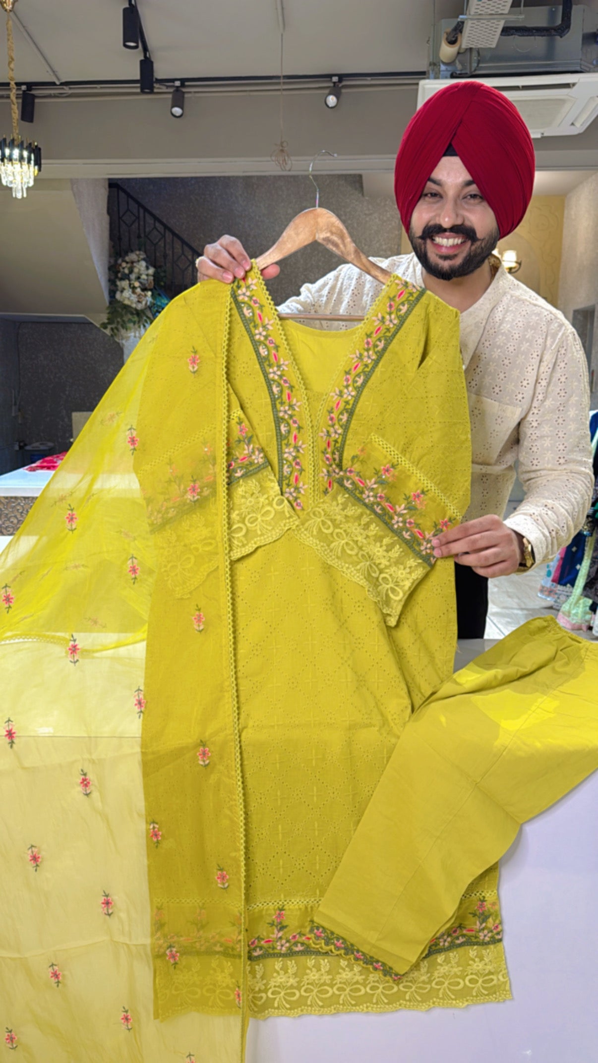 Yellow pure cotton Embroidered & Shifli work Pakistani Suit with embroidered Organza Duppata
