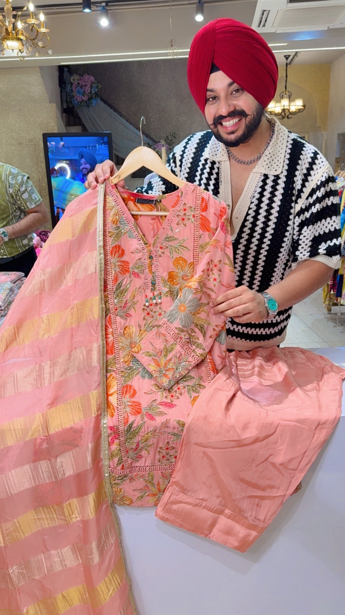 Peachish Pink Premium Crepe Floral Print Party Wear Farshi Suit with Beautiful Embroidery Work all over